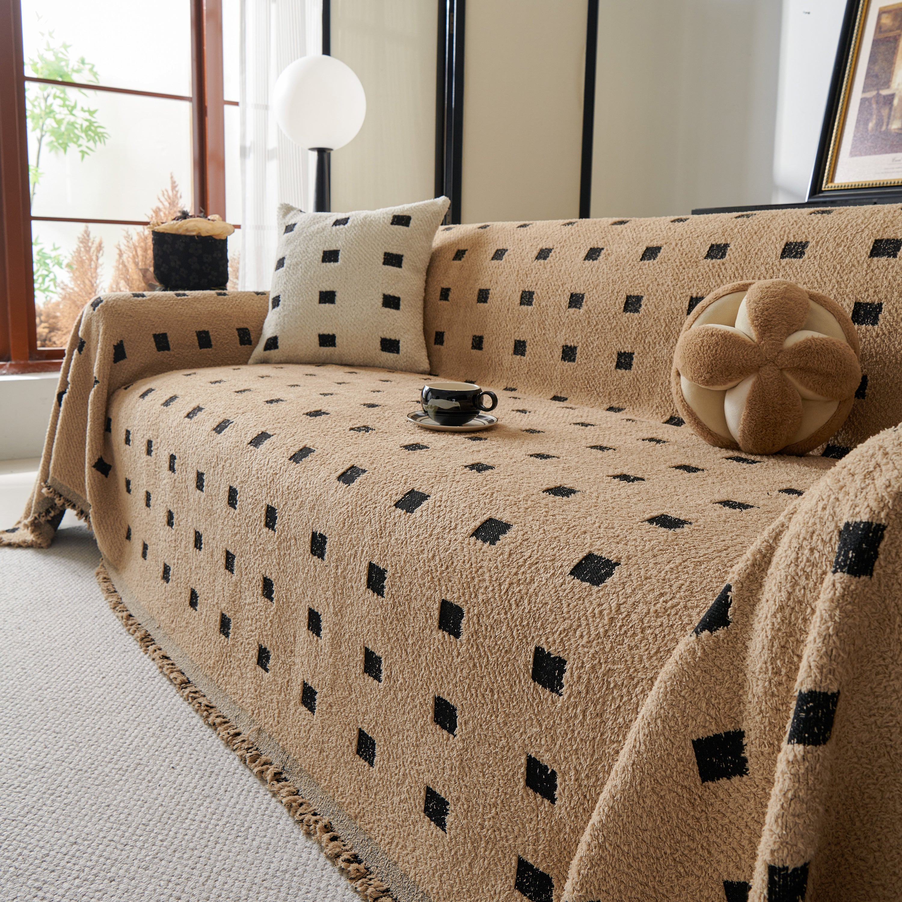 Sofa Throw Blanket with Woven Geometric Pattern & Tassels, Soft & Thick Couch Cover