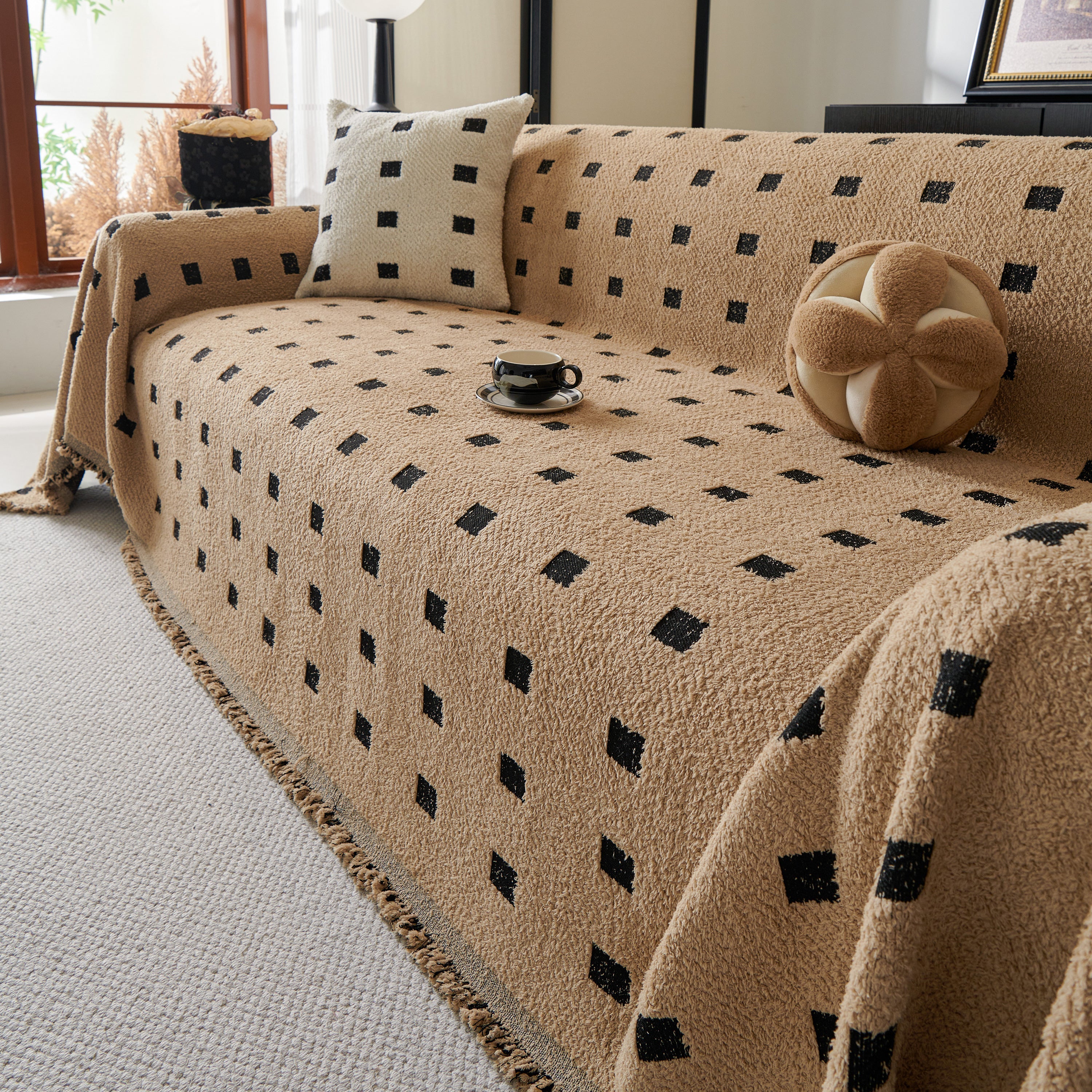 Sofa Throw Blanket with Woven Geometric Pattern & Tassels, Soft & Thick Couch Cover