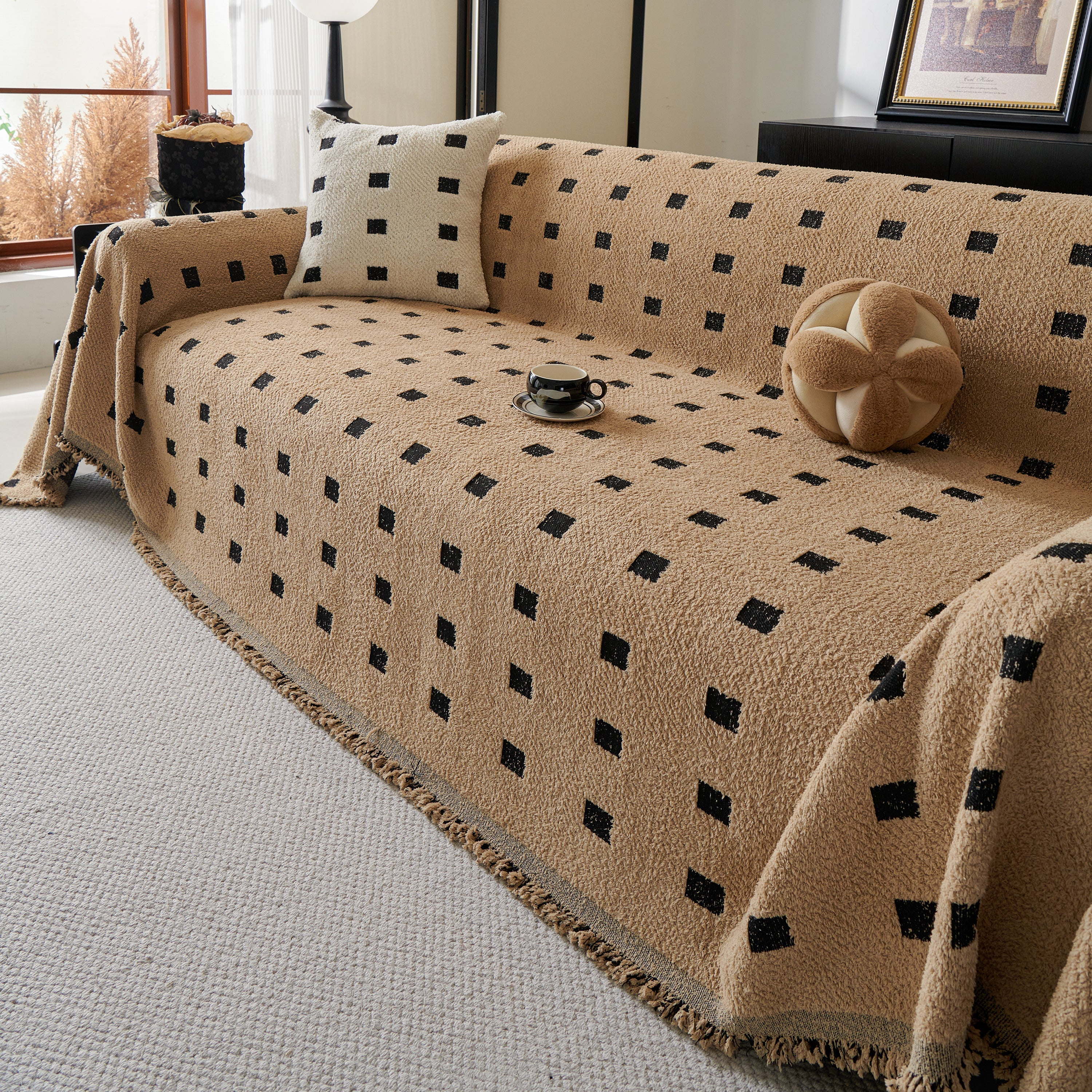Sofa Throw Blanket with Woven Geometric Pattern & Tassels, Soft & Thick Couch Cover