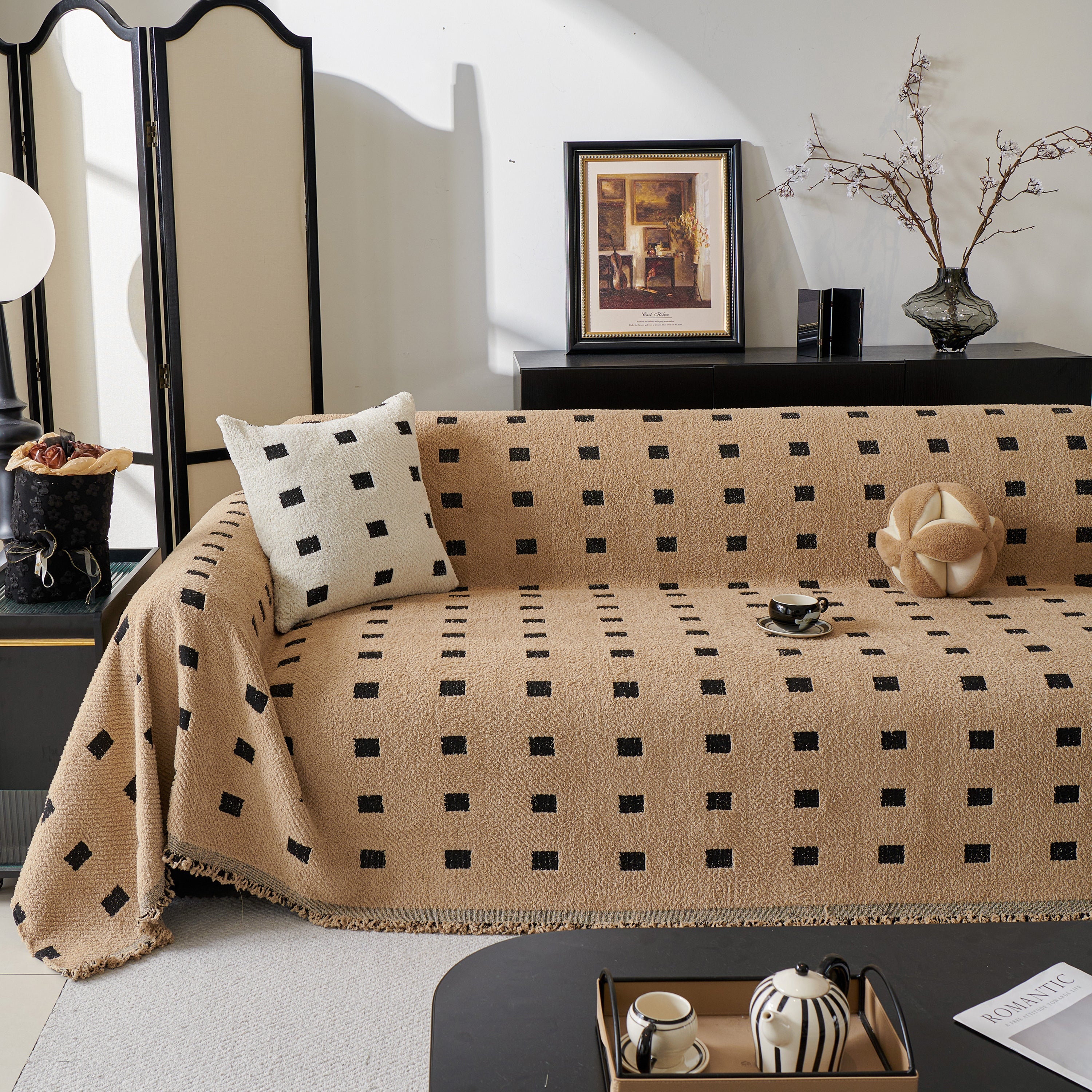 Sofa Throw Blanket with Woven Geometric Pattern & Tassels, Soft & Thick Couch Cover
