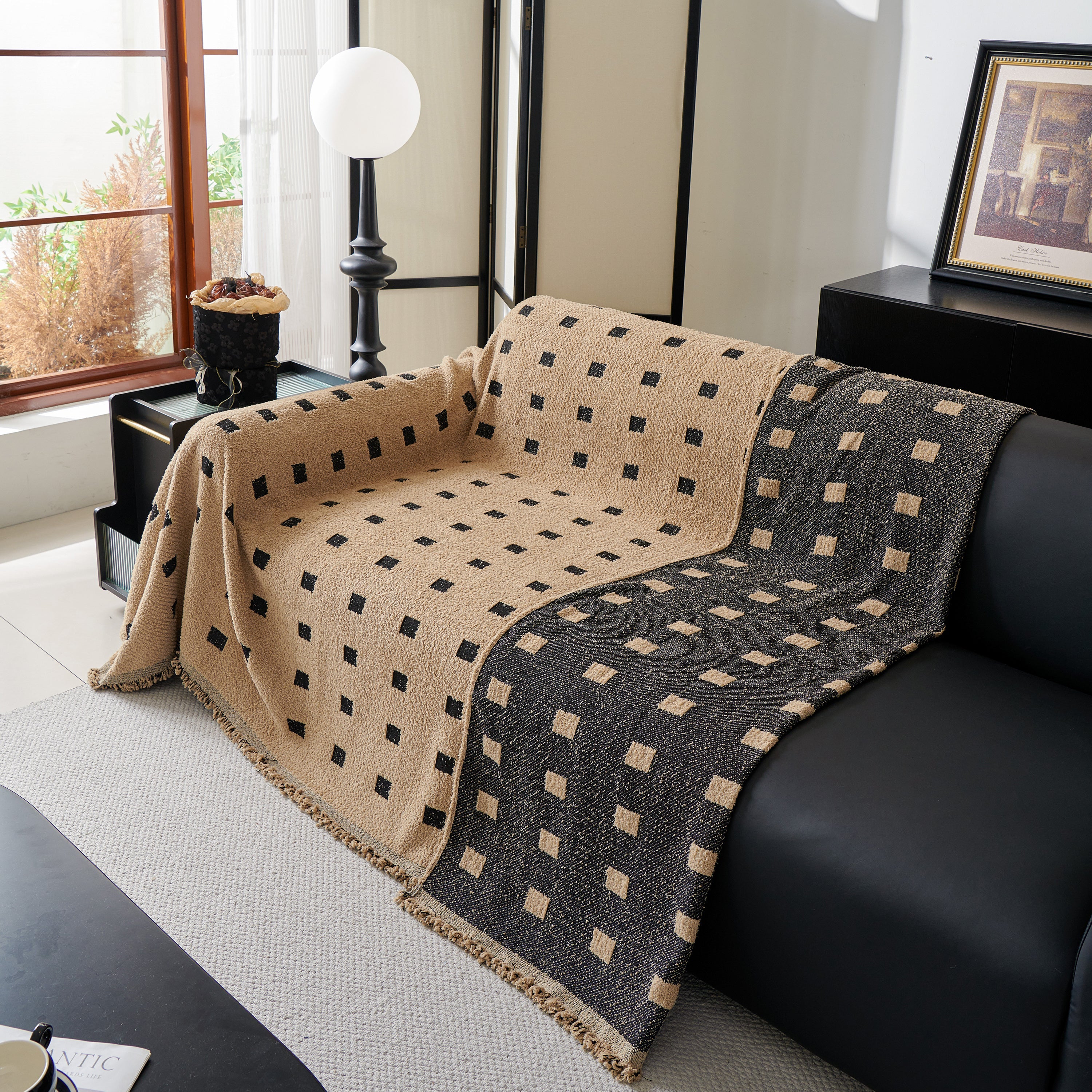 Sofa Throw Blanket with Woven Geometric Pattern & Tassels, Soft & Thick Couch Cover