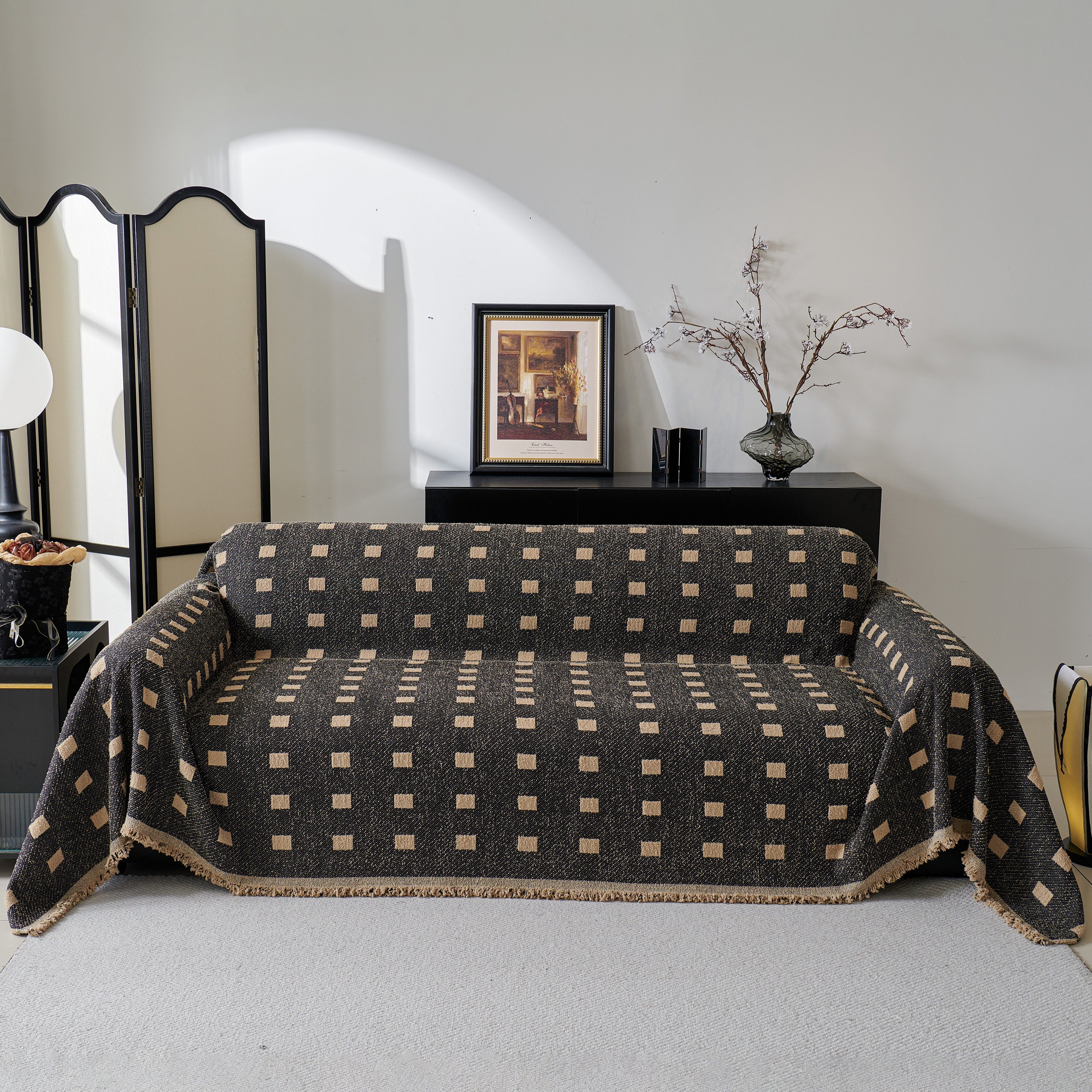 Sofa Throw Blanket with Woven Geometric Pattern & Tassels, Soft & Thick Couch Cover