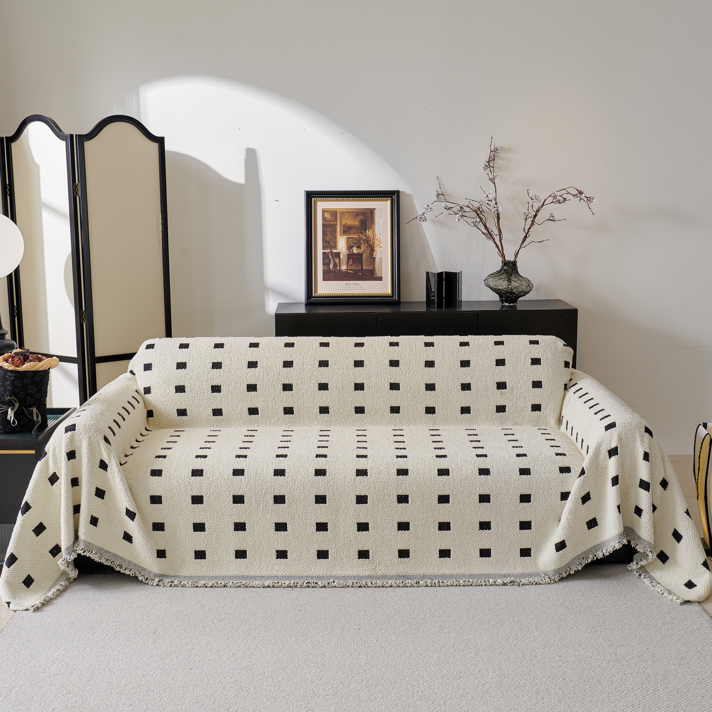 Sofa Throw Blanket with Woven Geometric Pattern & Tassels, Soft & Thick Couch Cover