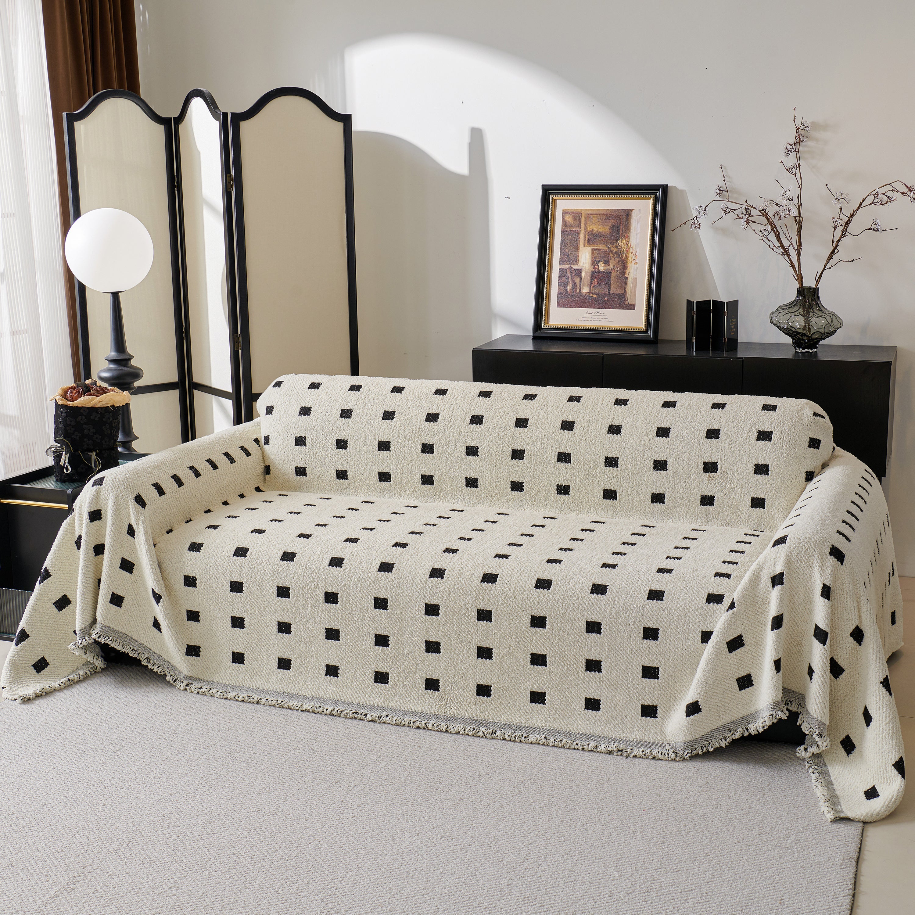 Sofa Throw Blanket with Woven Geometric Pattern & Tassels, Soft & Thick Couch Cover