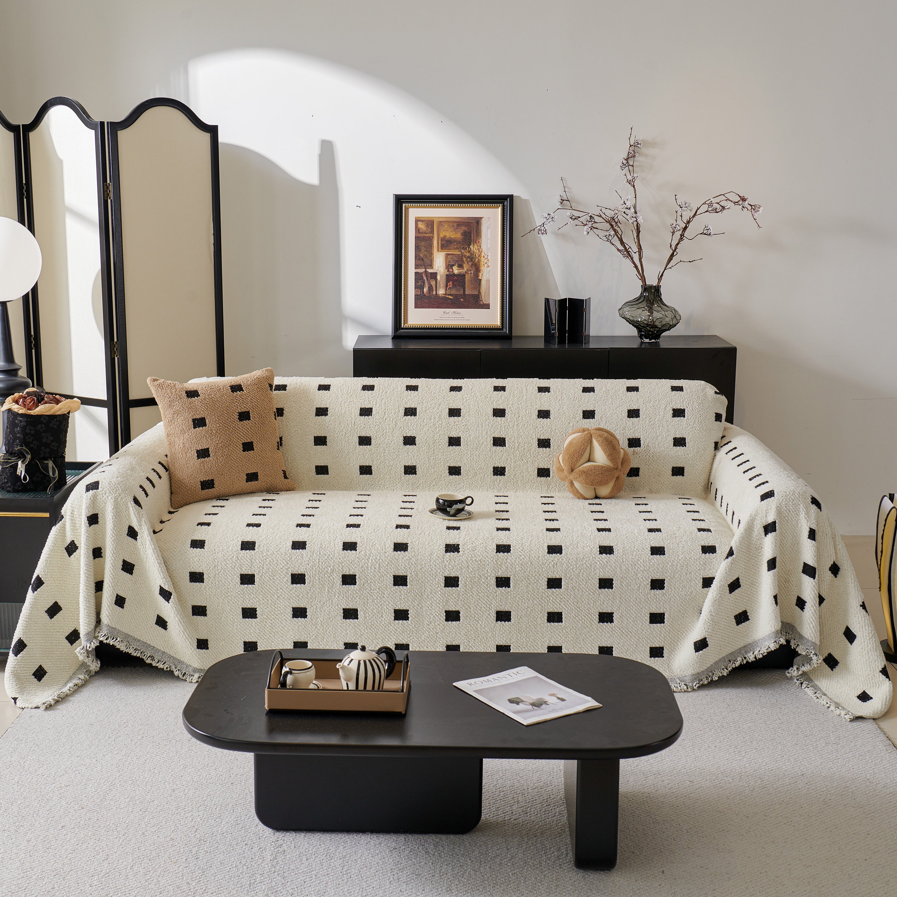 Sofa Throw Blanket with Woven Geometric Pattern & Tassels, Soft & Thick Couch Cover