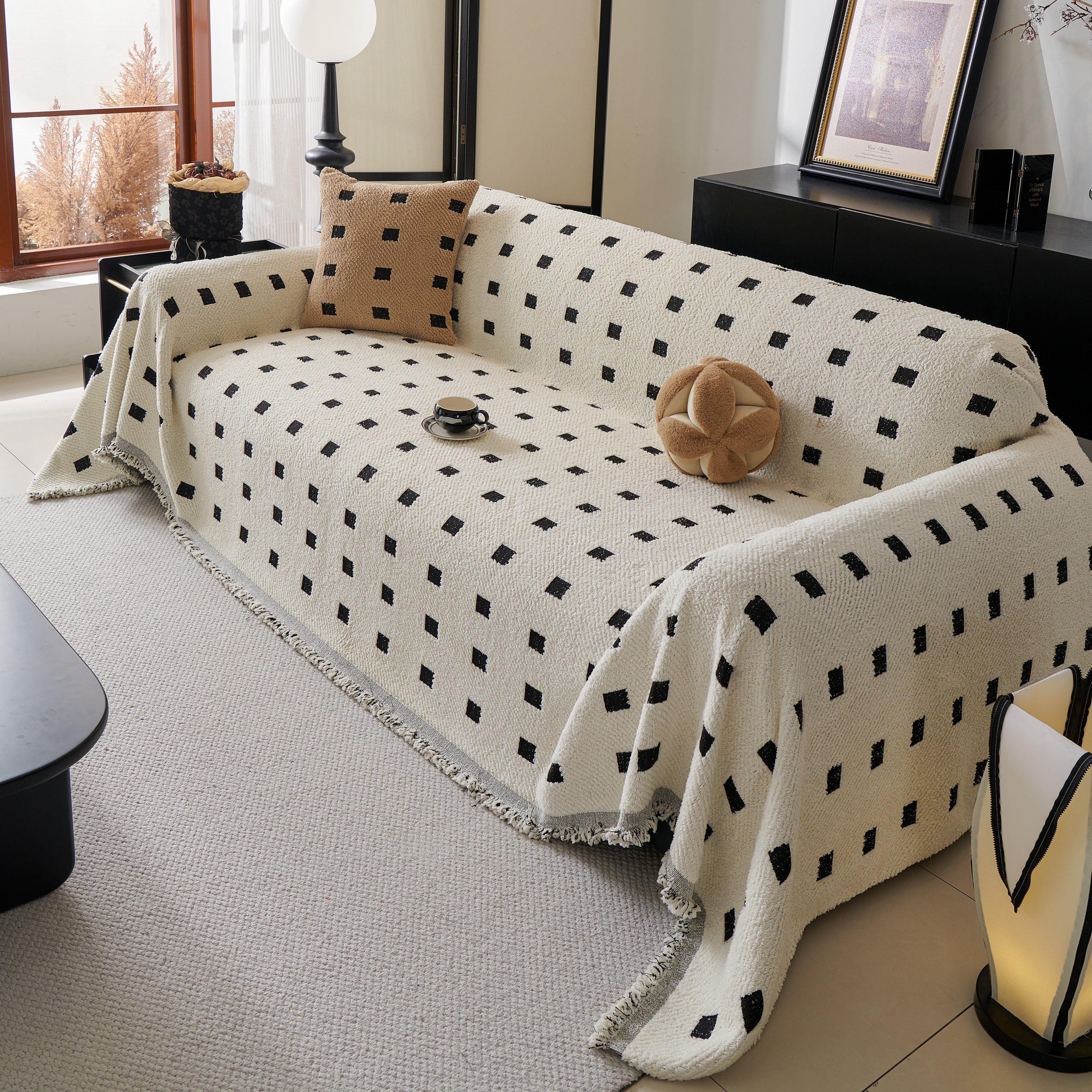 Sofa Throw Blanket with Woven Geometric Pattern & Tassels, Soft & Thick Couch Cover
