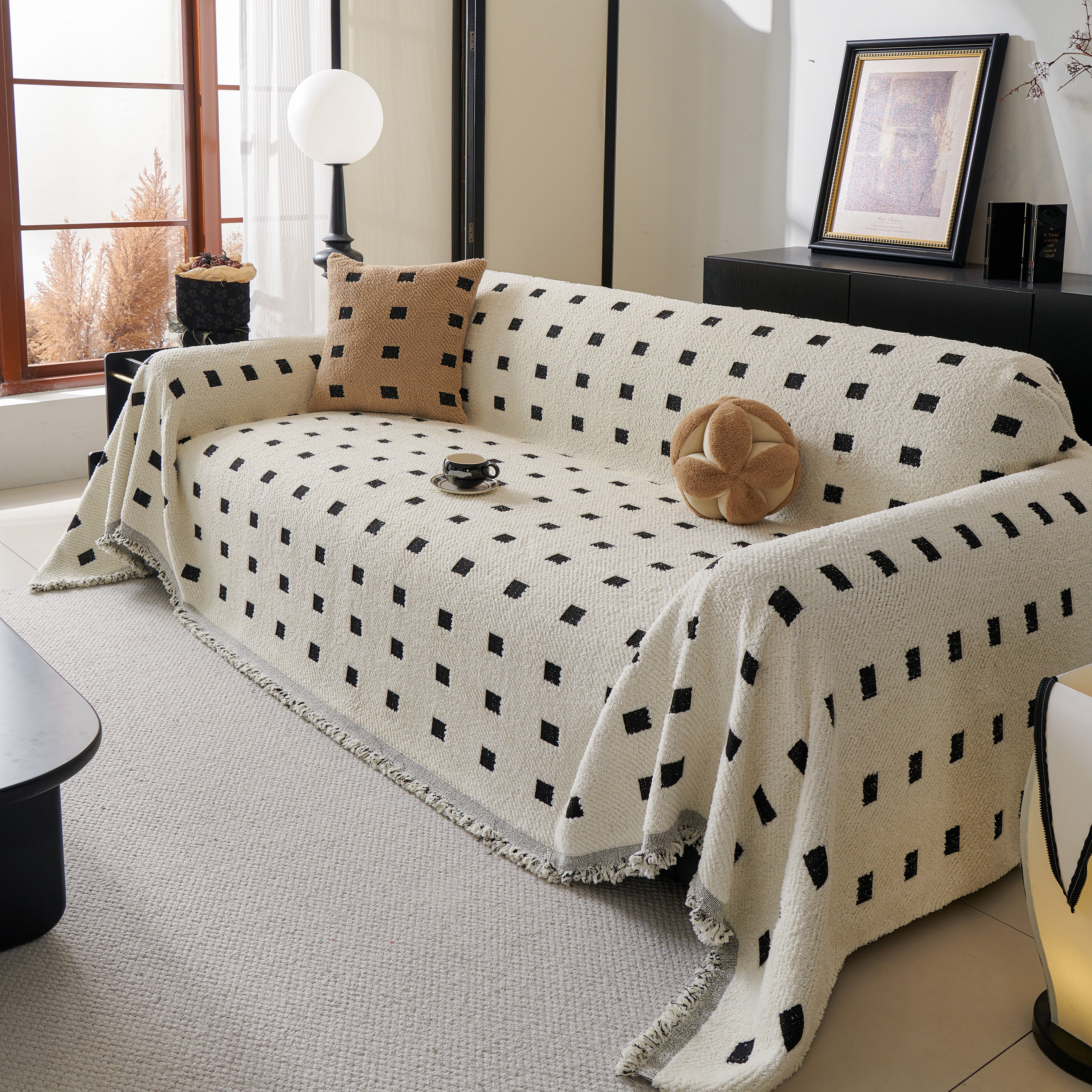Sofa Throw Blanket with Woven Geometric Pattern & Tassels, Soft & Thick Couch Cover