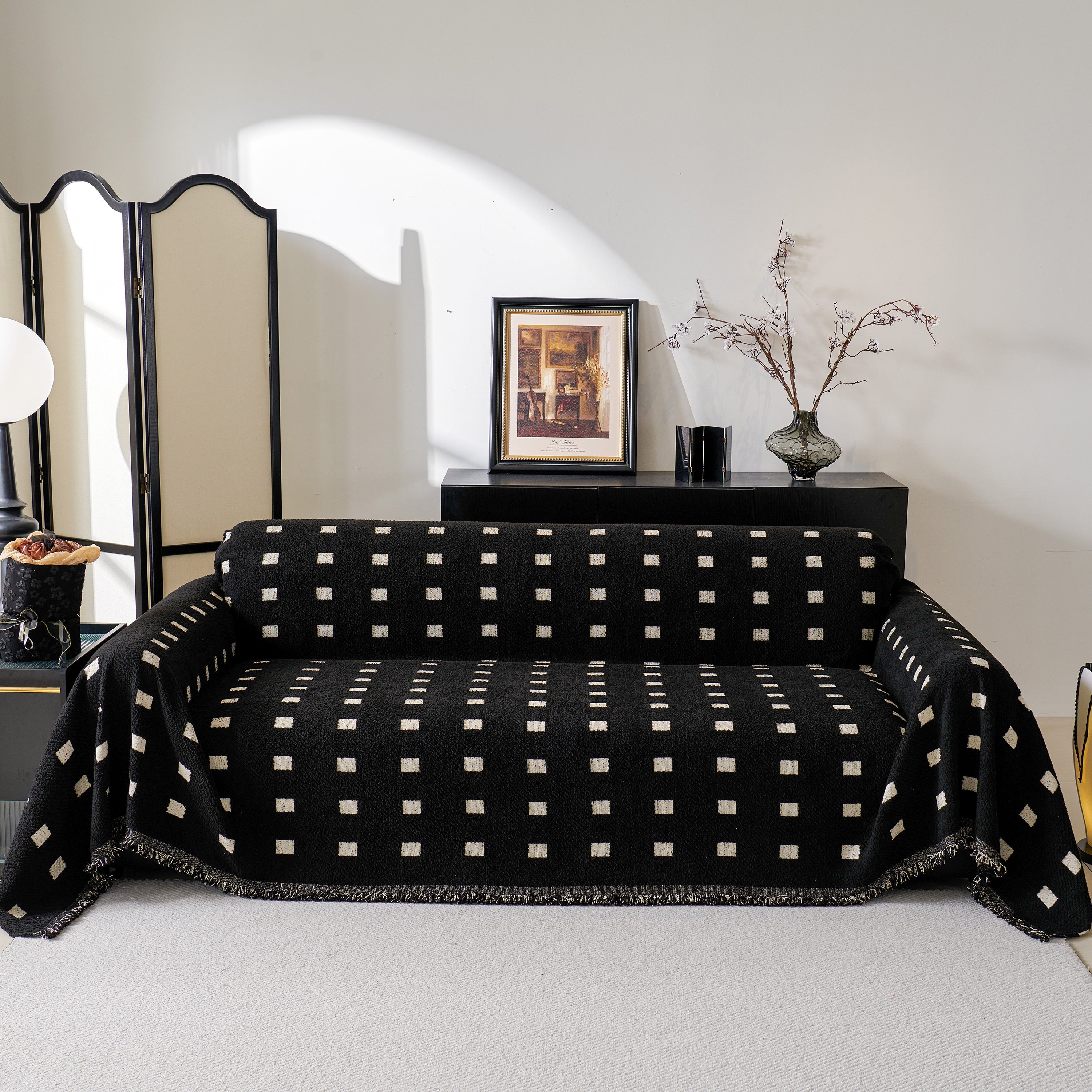 Sofa Throw Blanket with Woven Geometric Pattern & Tassels, Soft & Thick Couch Cover