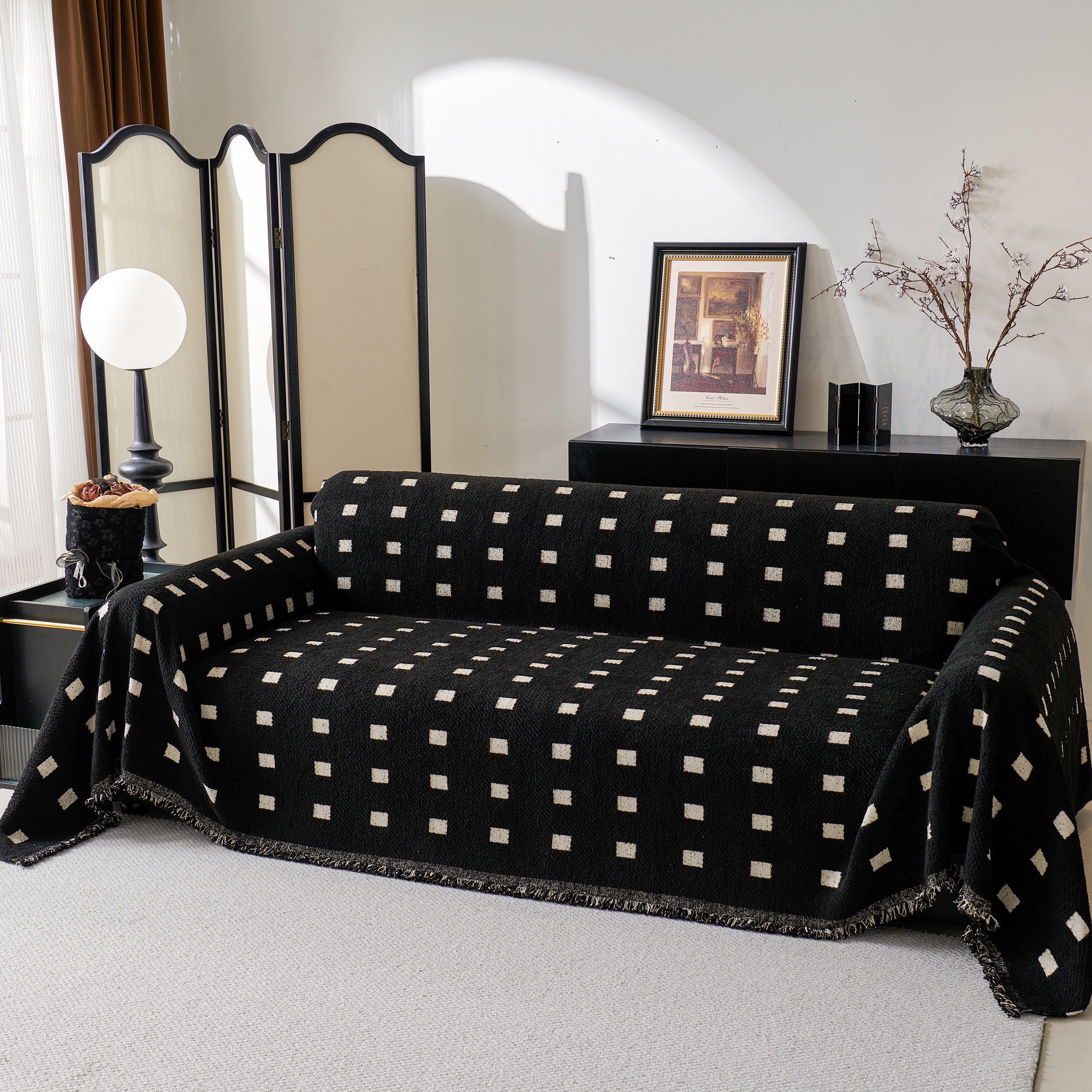 Sofa Throw Blanket with Woven Geometric Pattern & Tassels, Soft & Thick Couch Cover