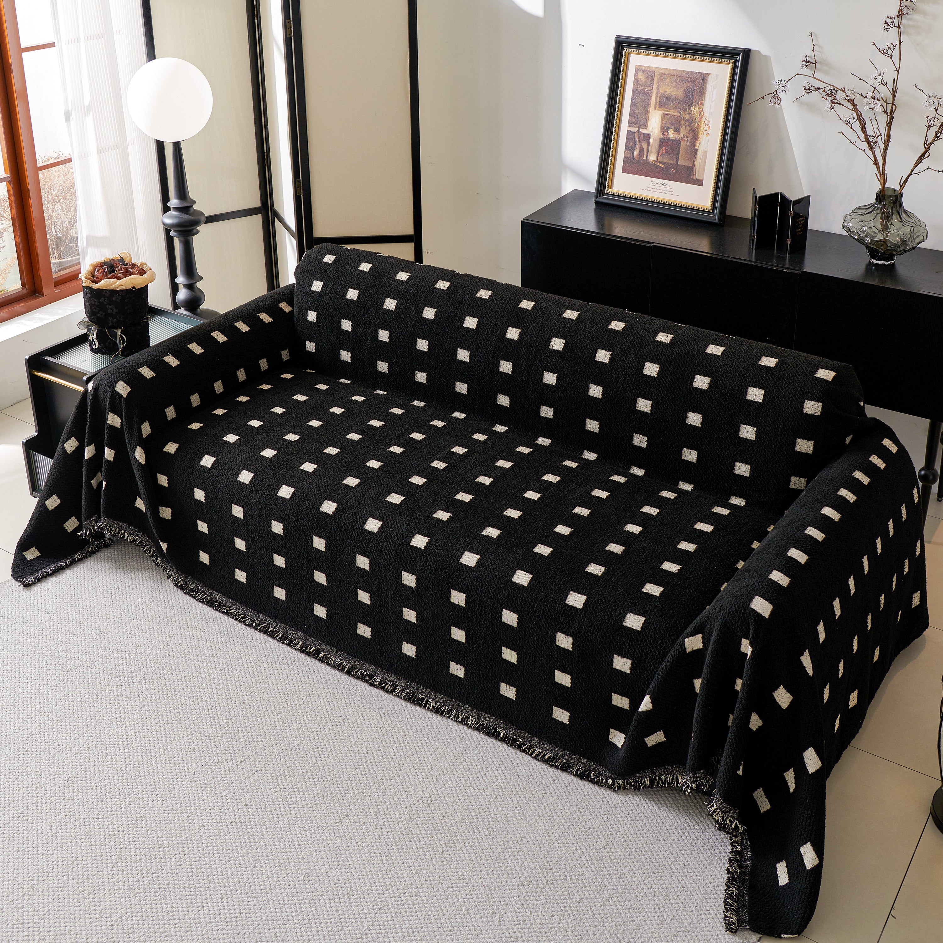 Sofa Throw Blanket with Woven Geometric Pattern & Tassels, Soft & Thick Couch Cover