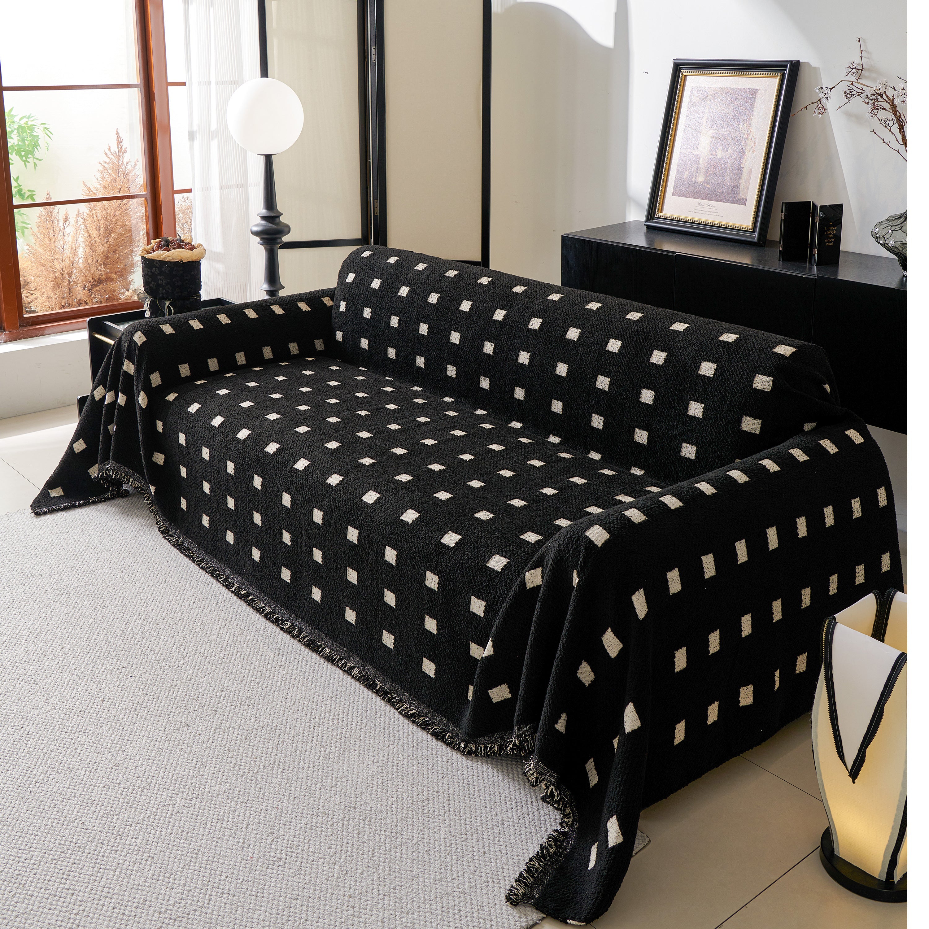 Sofa Throw Blanket with Woven Geometric Pattern & Tassels, Soft & Thick Couch Cover