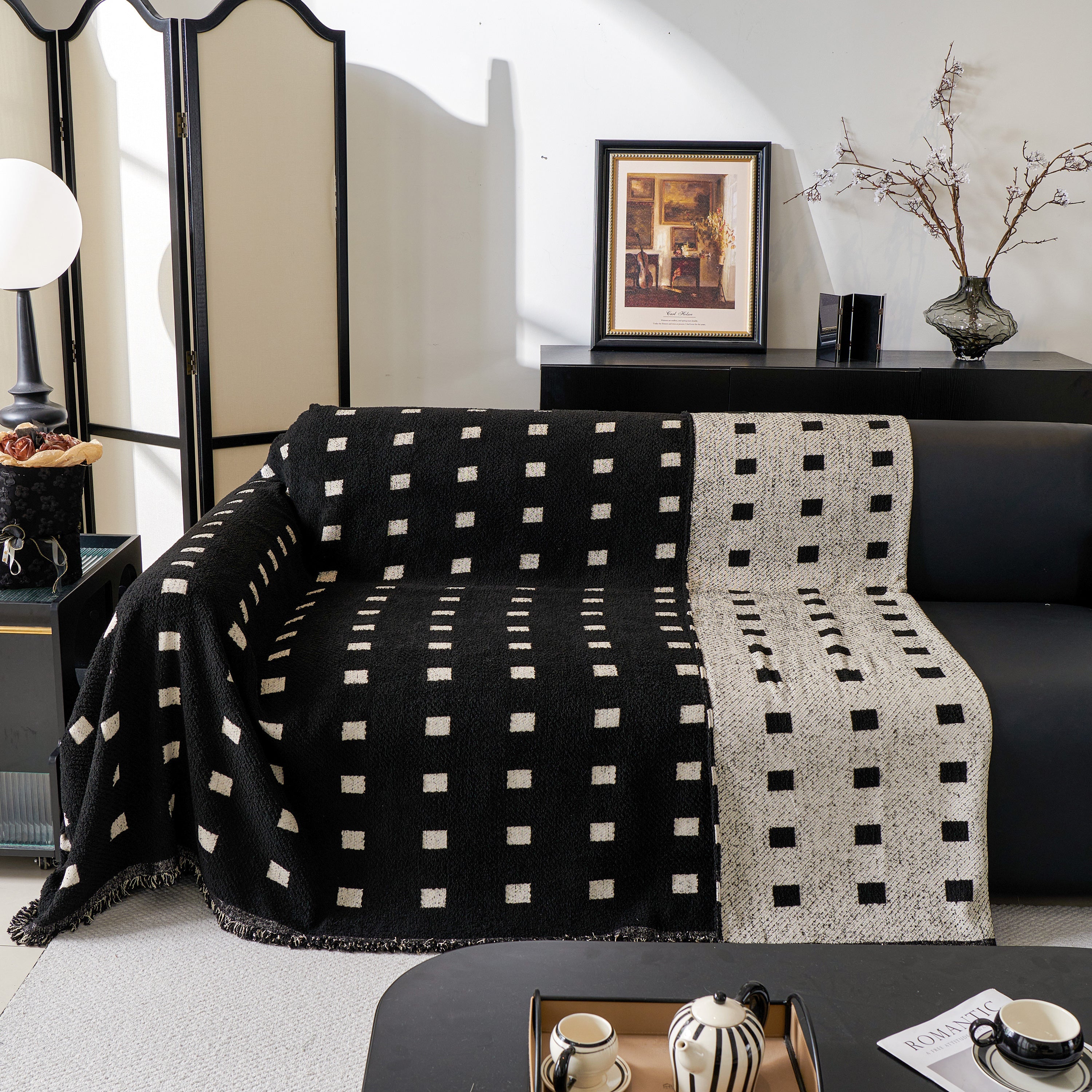 Sofa Throw Blanket with Woven Geometric Pattern & Tassels, Soft & Thick Couch Cover