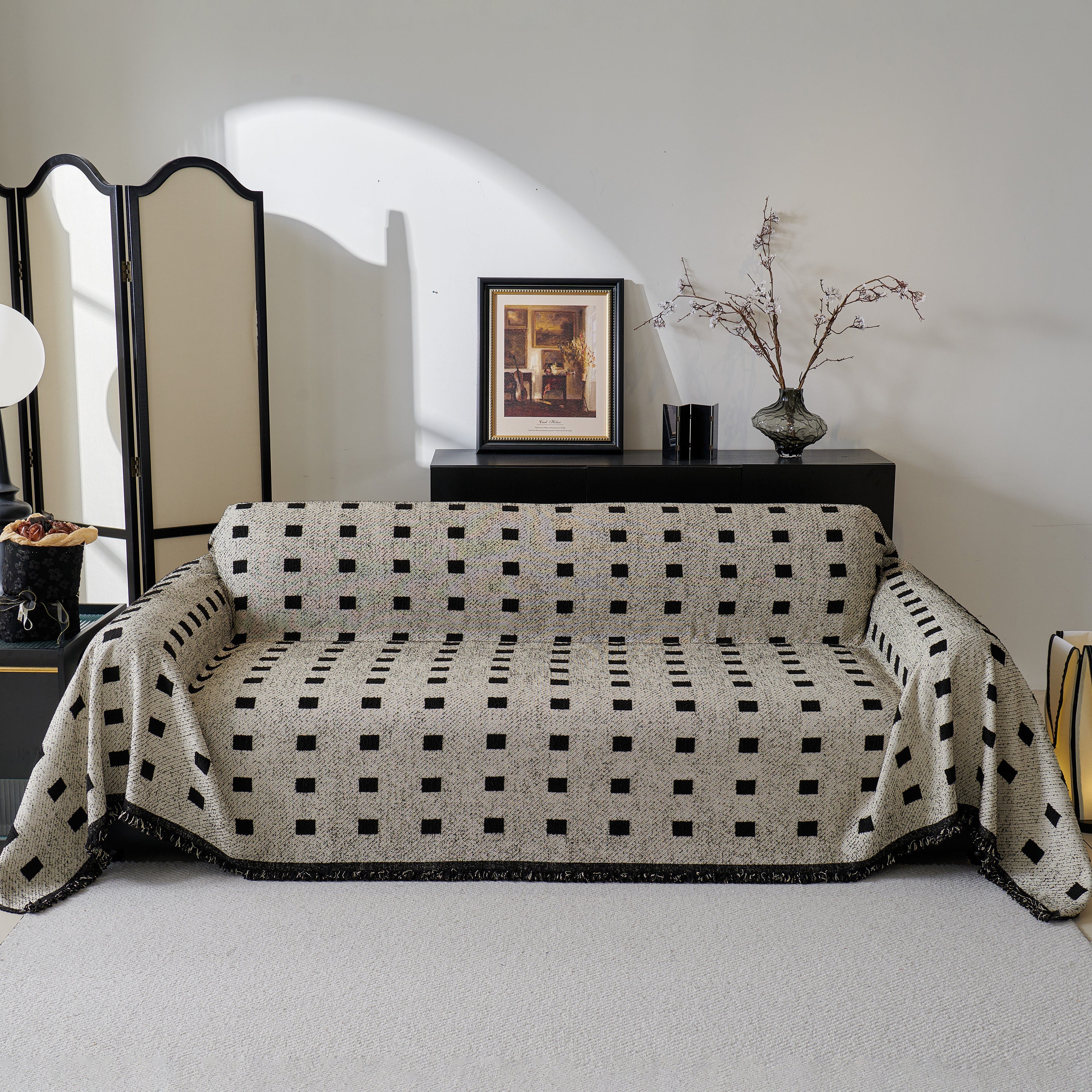 Sofa Throw Blanket with Woven Geometric Pattern & Tassels, Soft & Thick Couch Cover