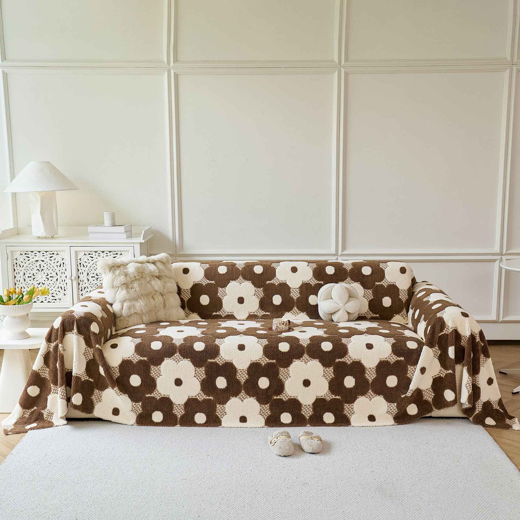 Plush Floral Sofa Throw Cover, Thick Soft Couch Protector Throw Couch for Dogs, Kids
