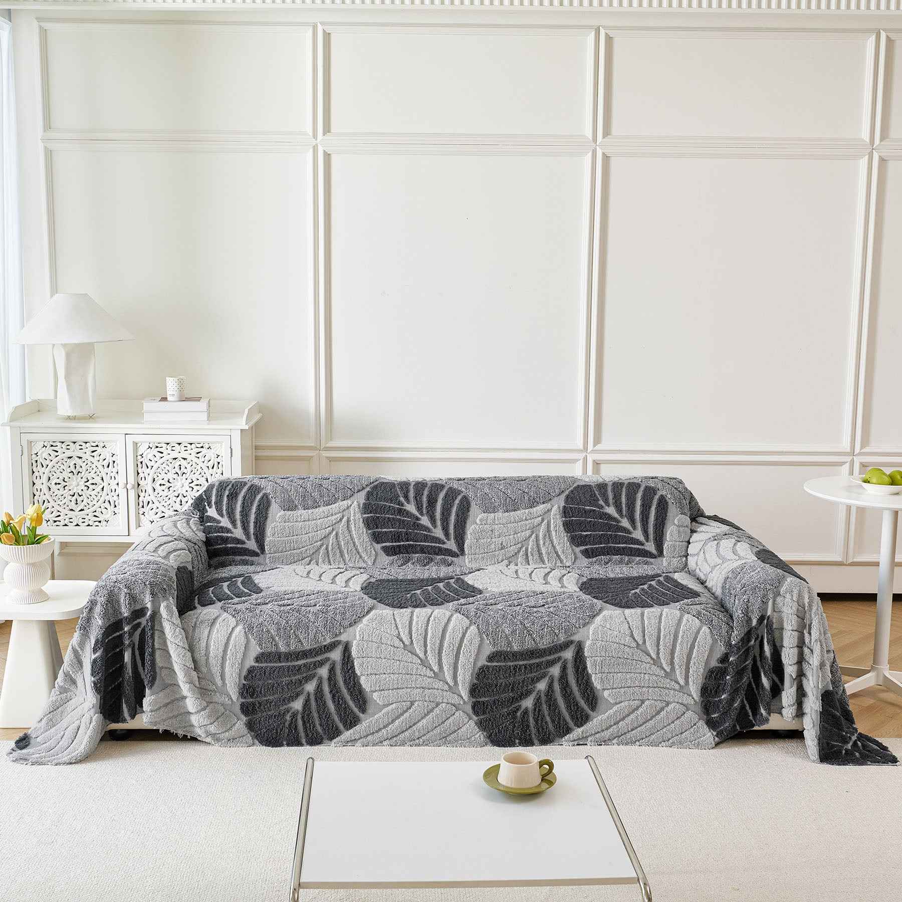 Plush Fleece Leaf Pattern Sofa Throw Cover, Soft Couch Protector Couch Cover Blanket
