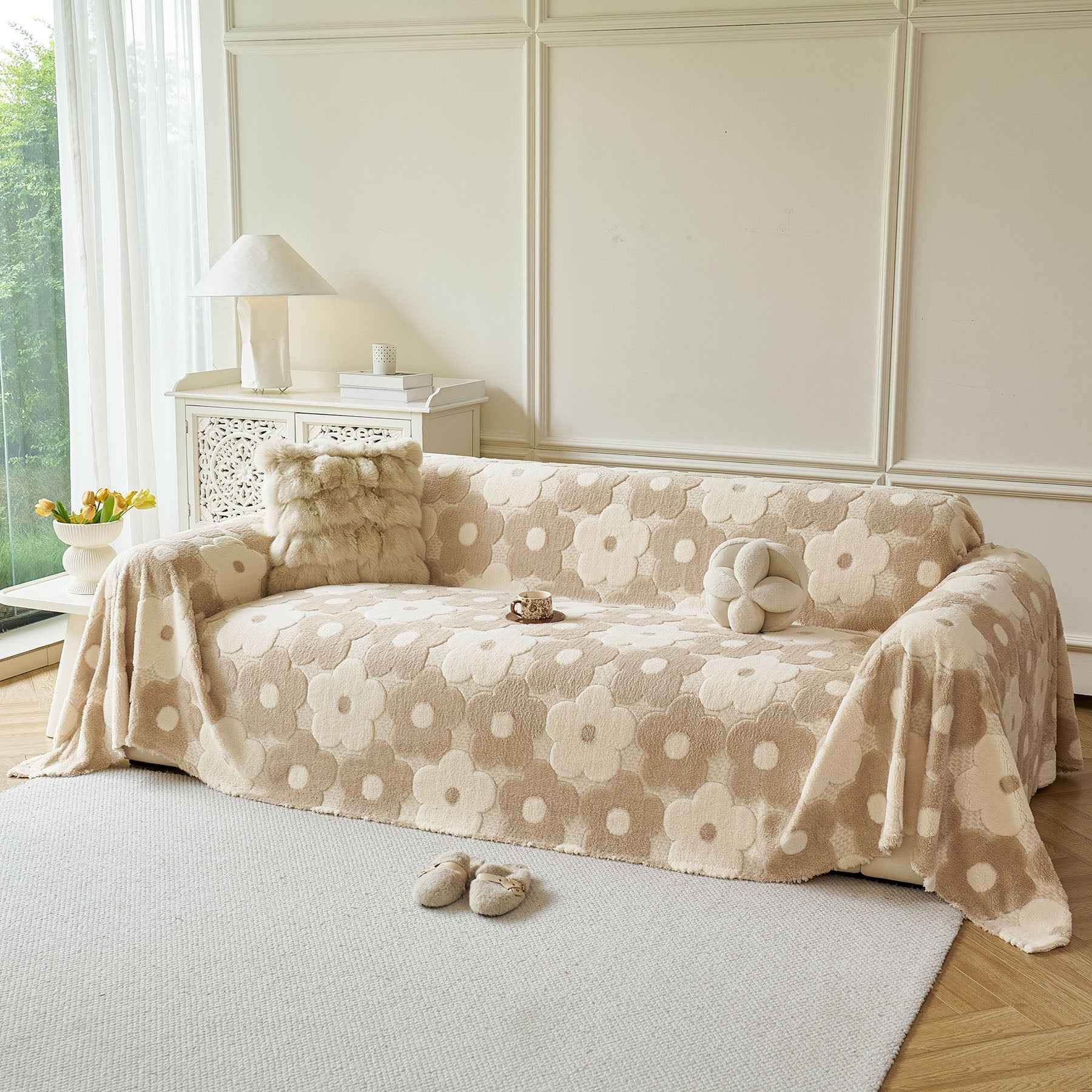 Plush Floral Sofa Throw Cover, Thick Soft Couch Protector Throw Couch for Dogs, Kids