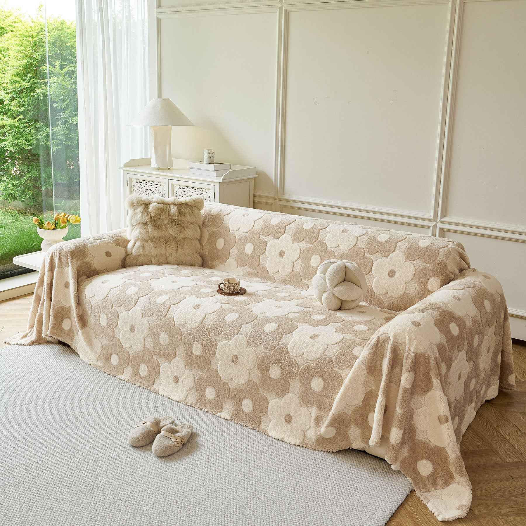 Plush Floral Sofa Throw Cover, Thick Soft Couch Protector Throw Couch for Dogs, Kids