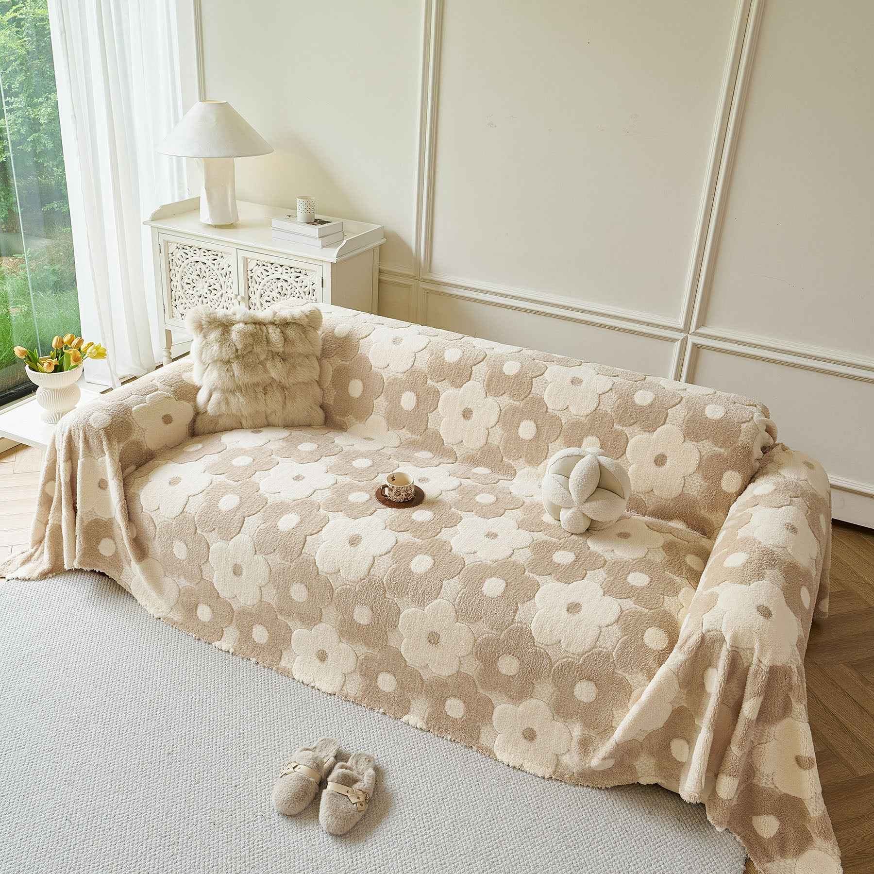 Plush Floral Sofa Throw Cover, Thick Soft Couch Protector Throw Couch for Dogs, Kids
