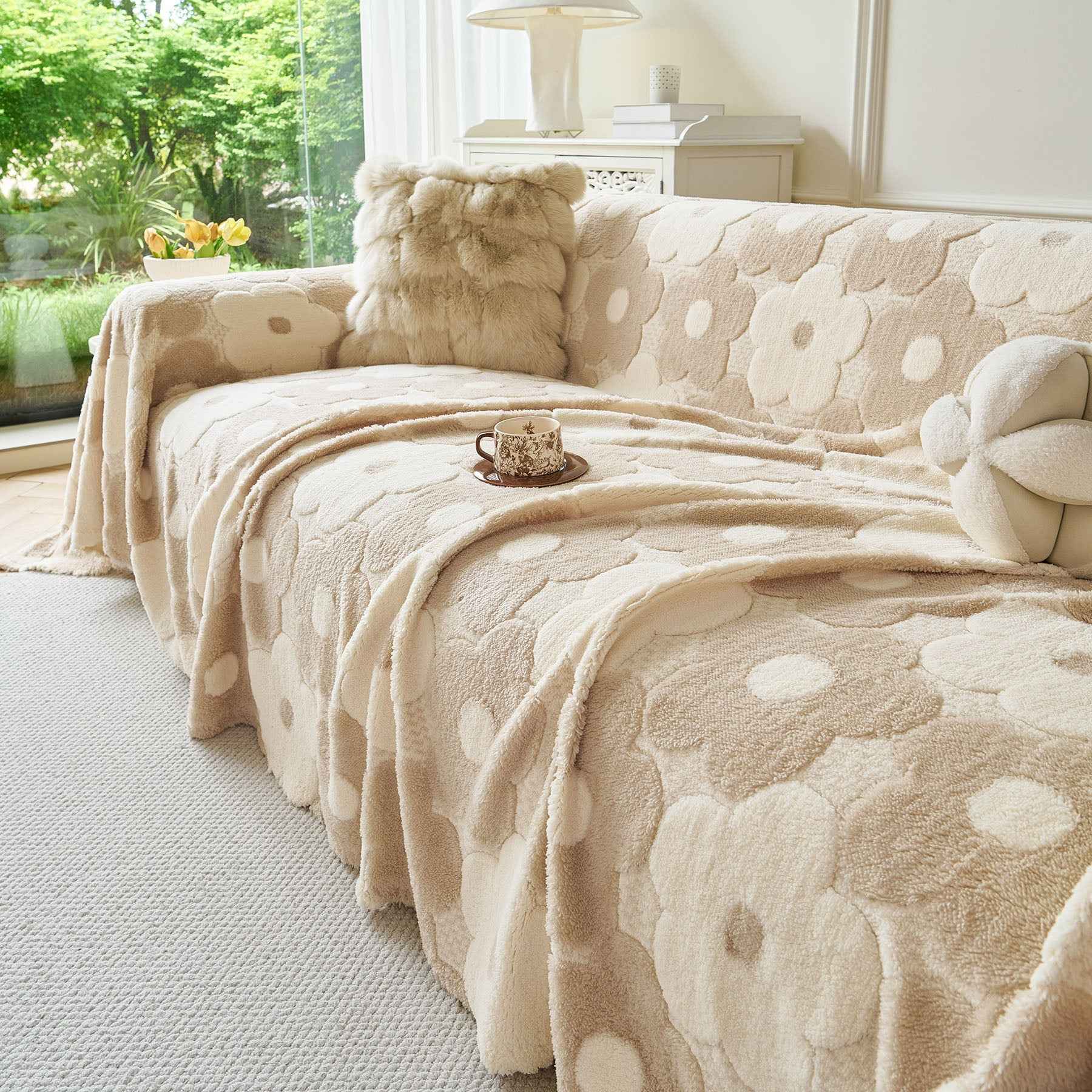 Plush Floral Sofa Throw Cover, Thick Soft Couch Protector Throw Couch for Dogs, Kids