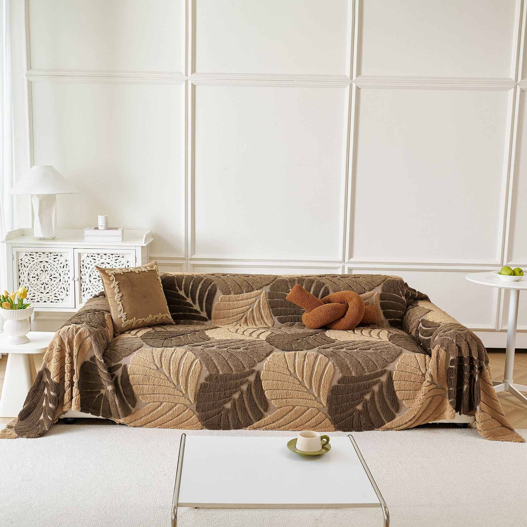 Plush Fleece Leaf Pattern Sofa Throw Cover, Soft Couch Protector Couch Cover Blanket