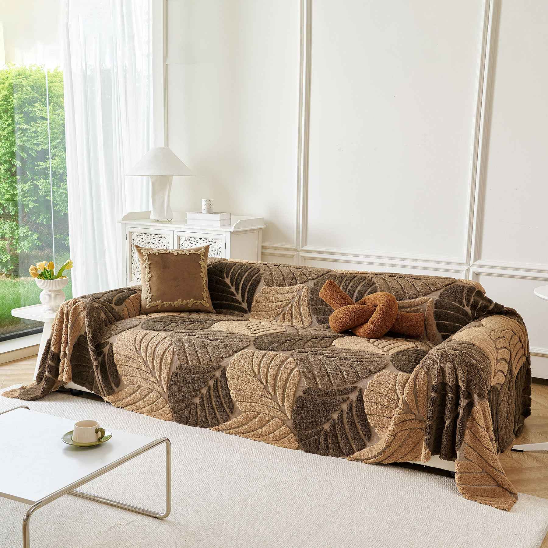 Plush Fleece Leaf Pattern Sofa Throw Cover, Soft Couch Protector Couch Cover Blanket