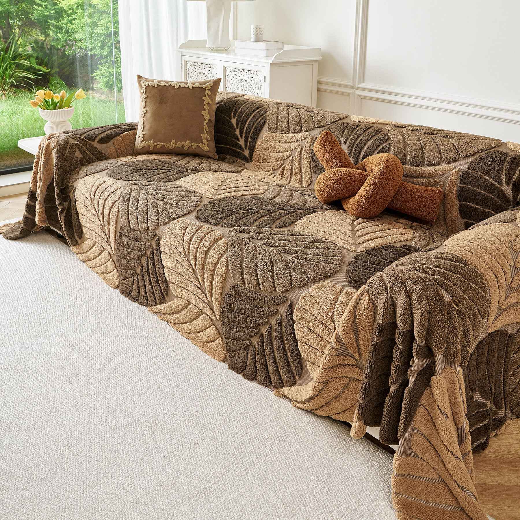 Plush Fleece Leaf Pattern Sofa Throw Cover, Soft Couch Protector Couch Cover Blanket