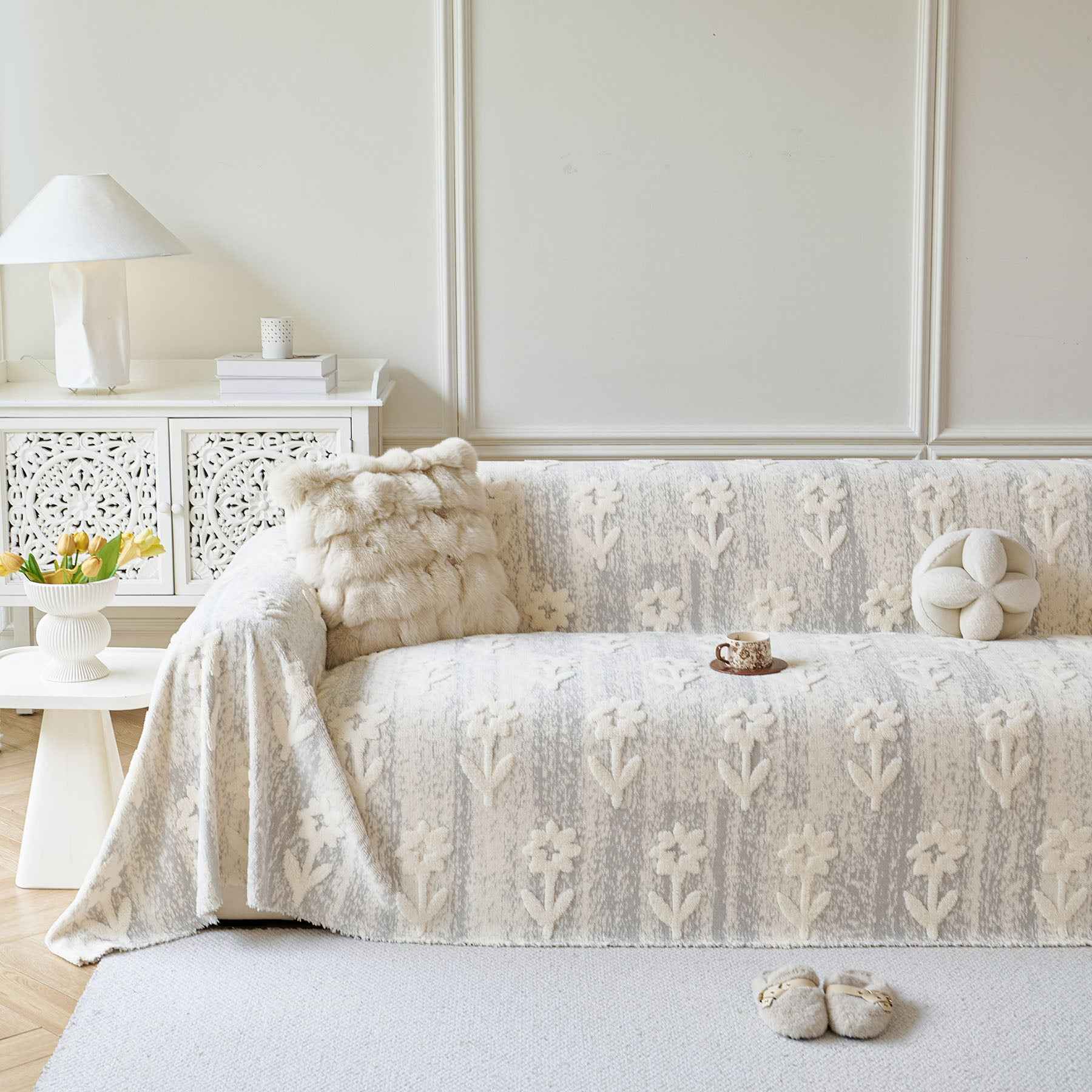 Floral Plush Fleece Sofa Throw Cover, Soft Warm Couch Protector Slip Cover for Couch