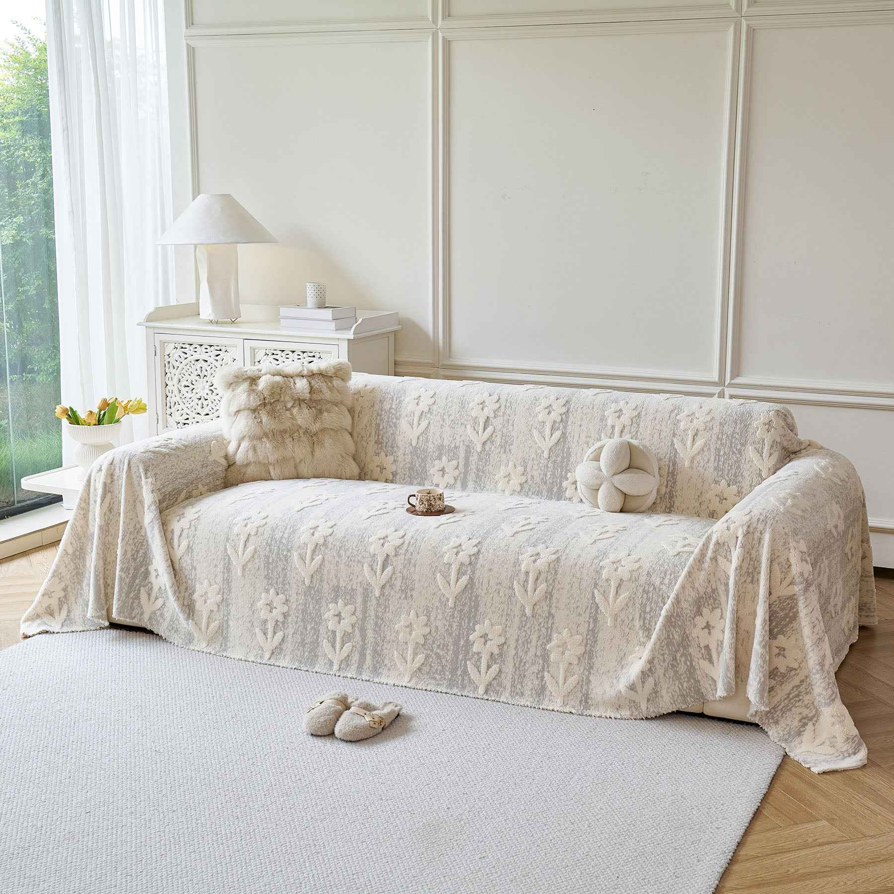Floral Plush Fleece Sofa Throw Cover, Soft Warm Couch Protector Slip Cover for Couch