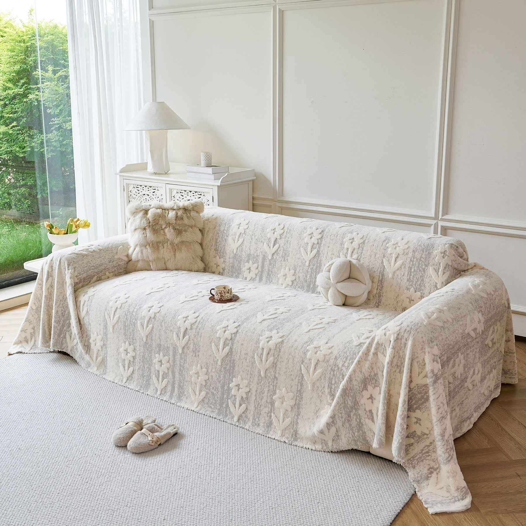 Floral Plush Fleece Sofa Throw Cover, Soft Warm Couch Protector Slip Cover for Couch