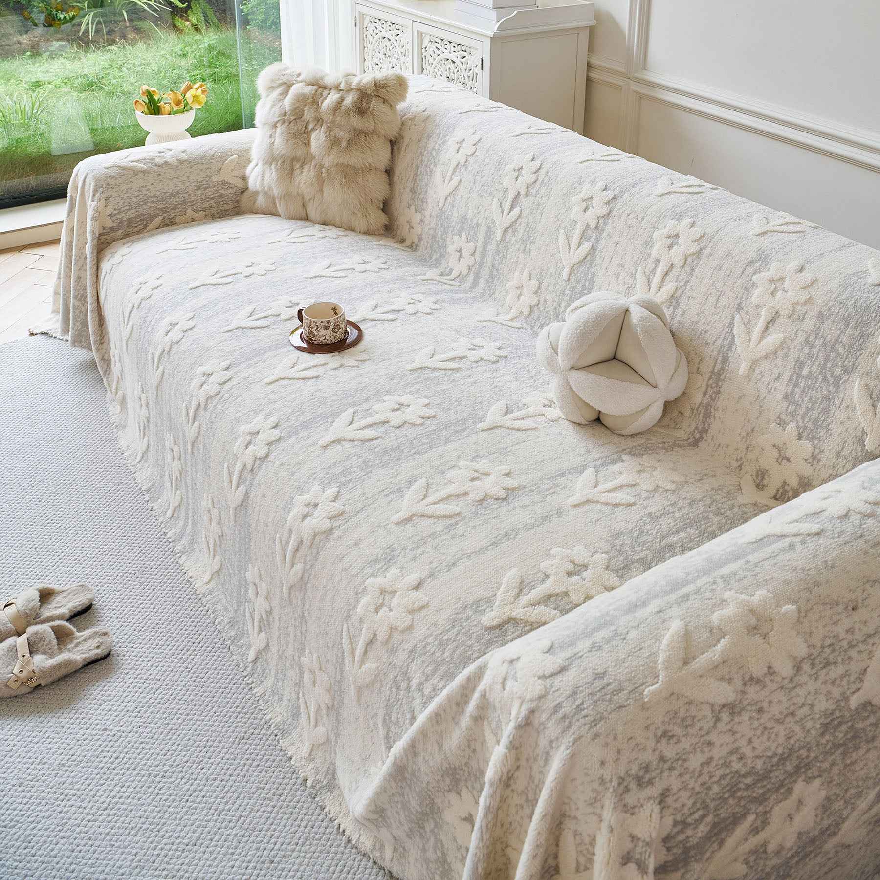 Floral Plush Fleece Sofa Throw Cover, Soft Warm Couch Protector Slip Cover for Couch