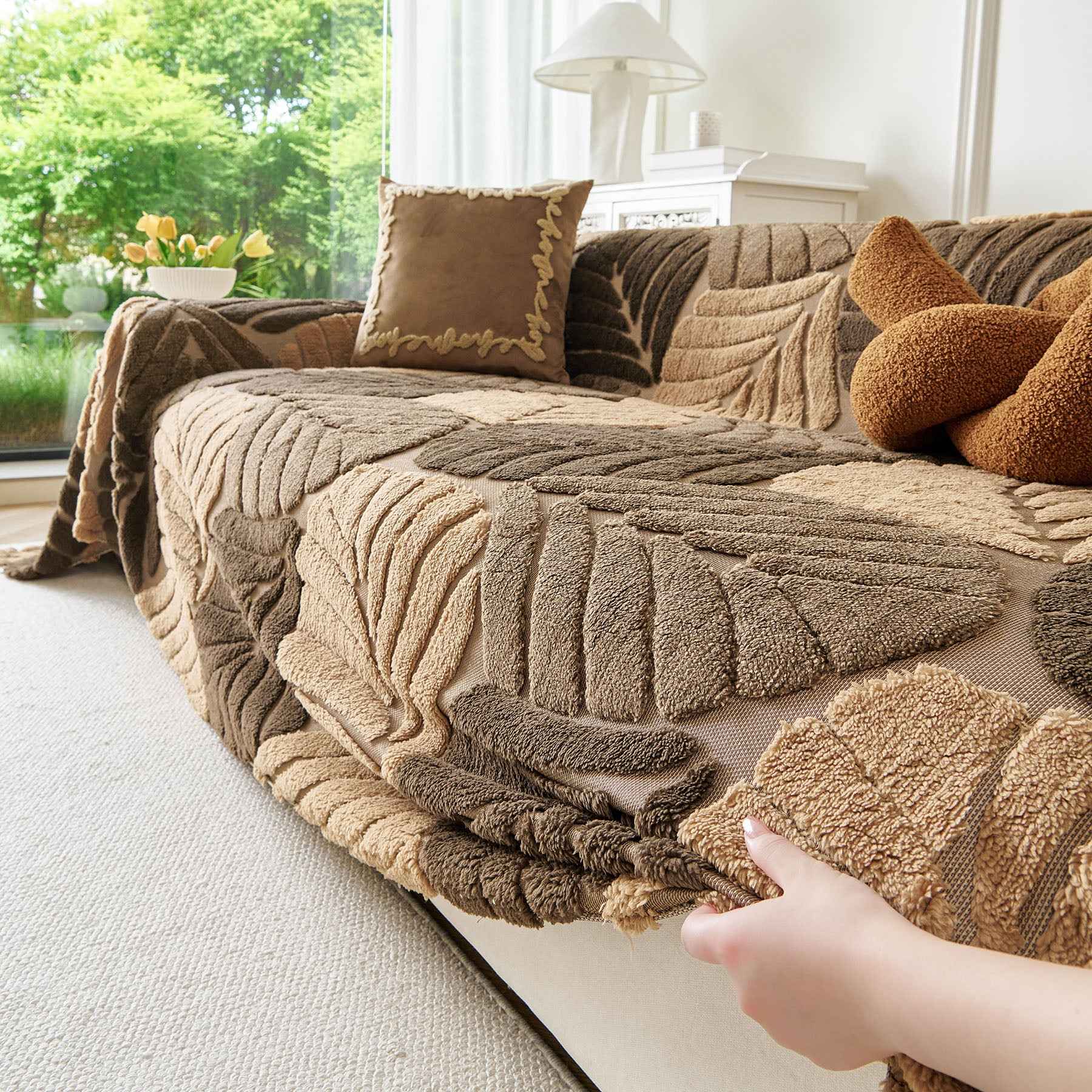 Plush Fleece Leaf Pattern Sofa Throw Cover, Soft Couch Protector Couch Cover Blanket