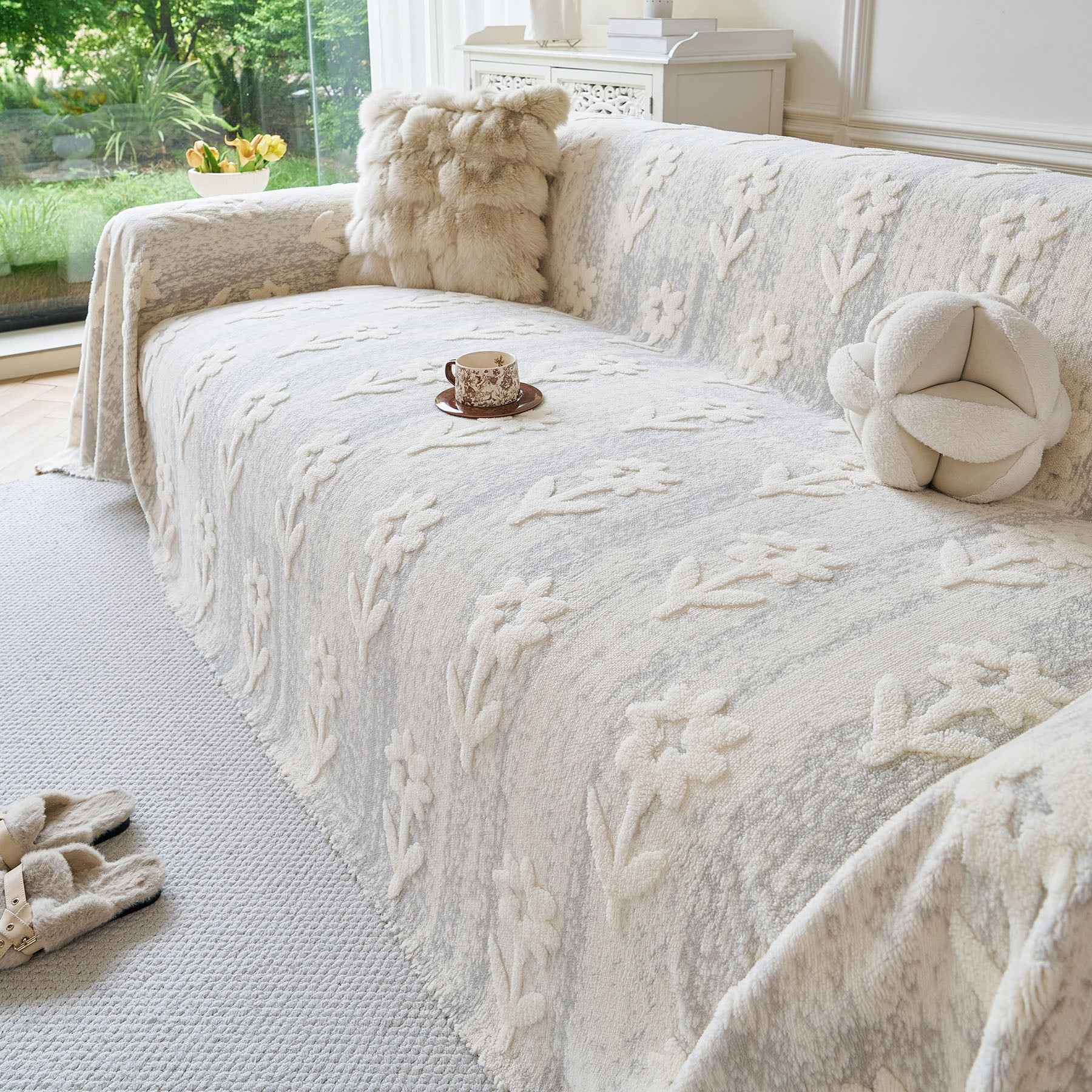 Floral Plush Fleece Sofa Throw Cover, Soft Warm Couch Protector Slip Cover for Couch