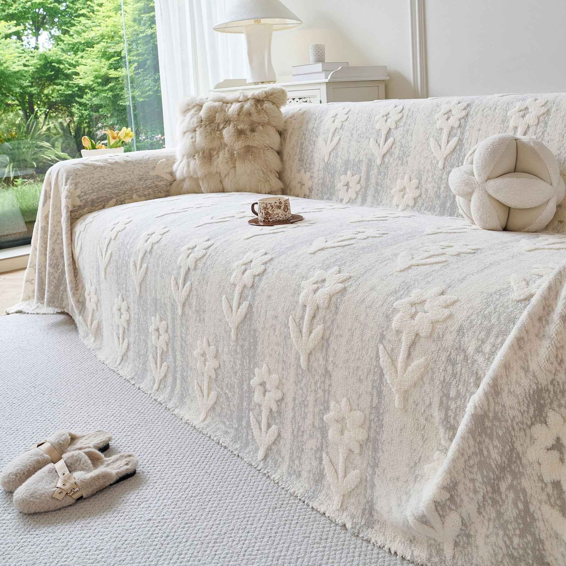 Floral Plush Fleece Sofa Throw Cover, Soft Warm Couch Protector Slip Cover for Couch