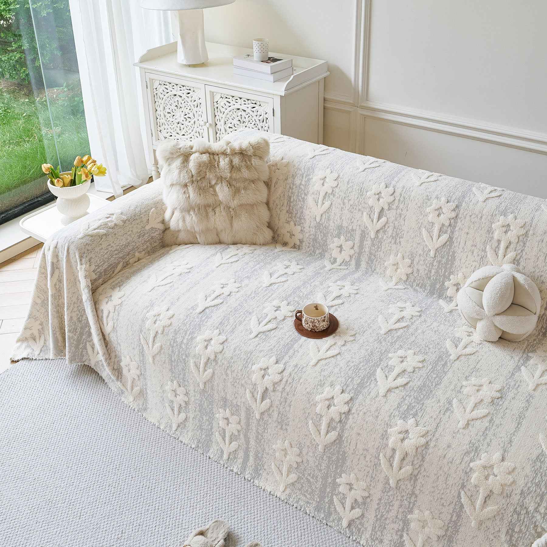Floral Plush Fleece Sofa Throw Cover, Soft Warm Couch Protector Slip Cover for Couch