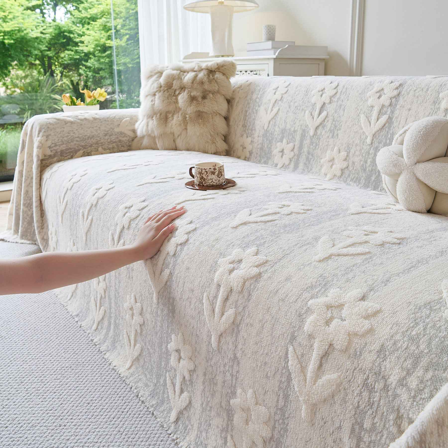 Floral Plush Fleece Sofa Throw Cover, Soft Warm Couch Protector Slip Cover for Couch