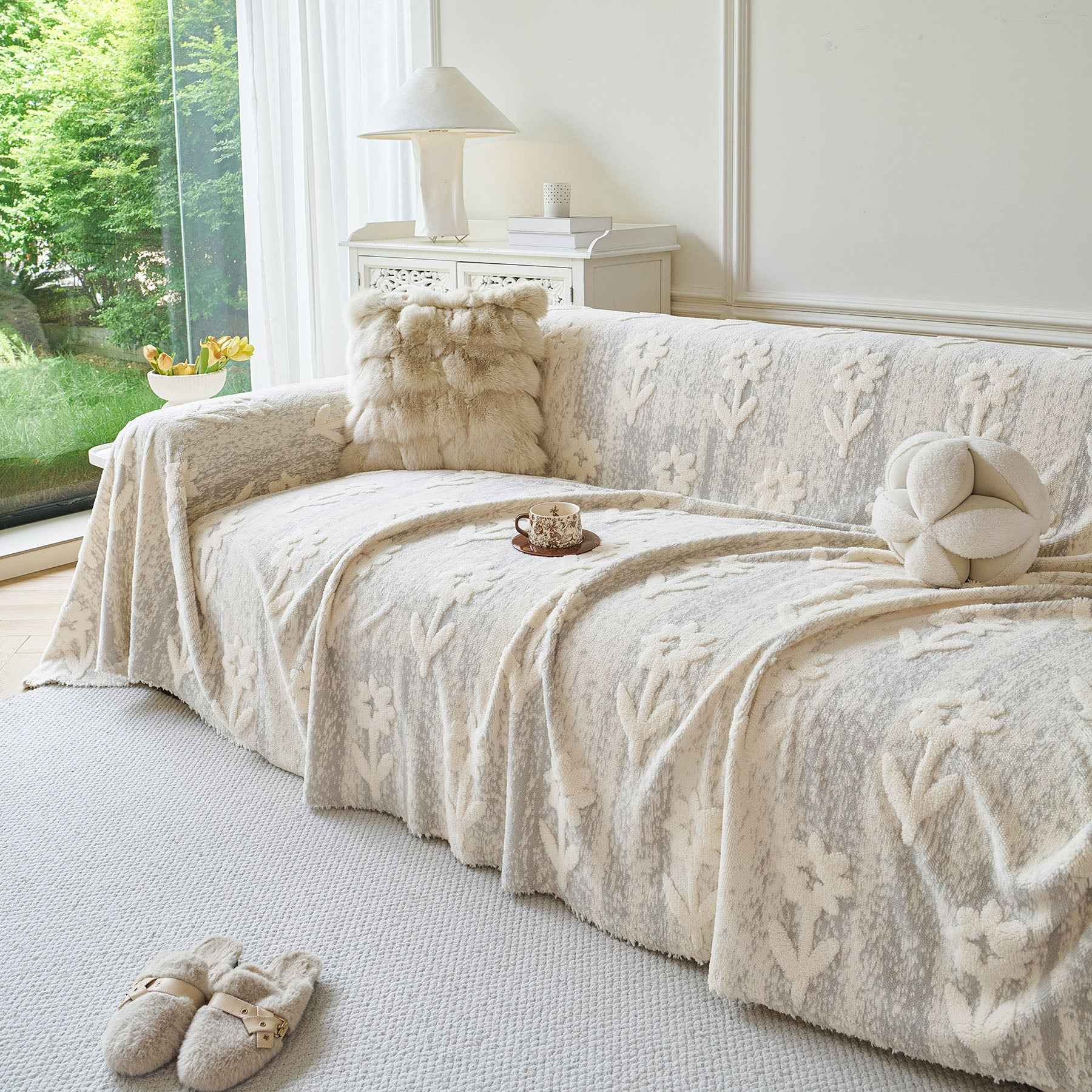 Floral Plush Fleece Sofa Throw Cover, Soft Warm Couch Protector Slip Cover for Couch