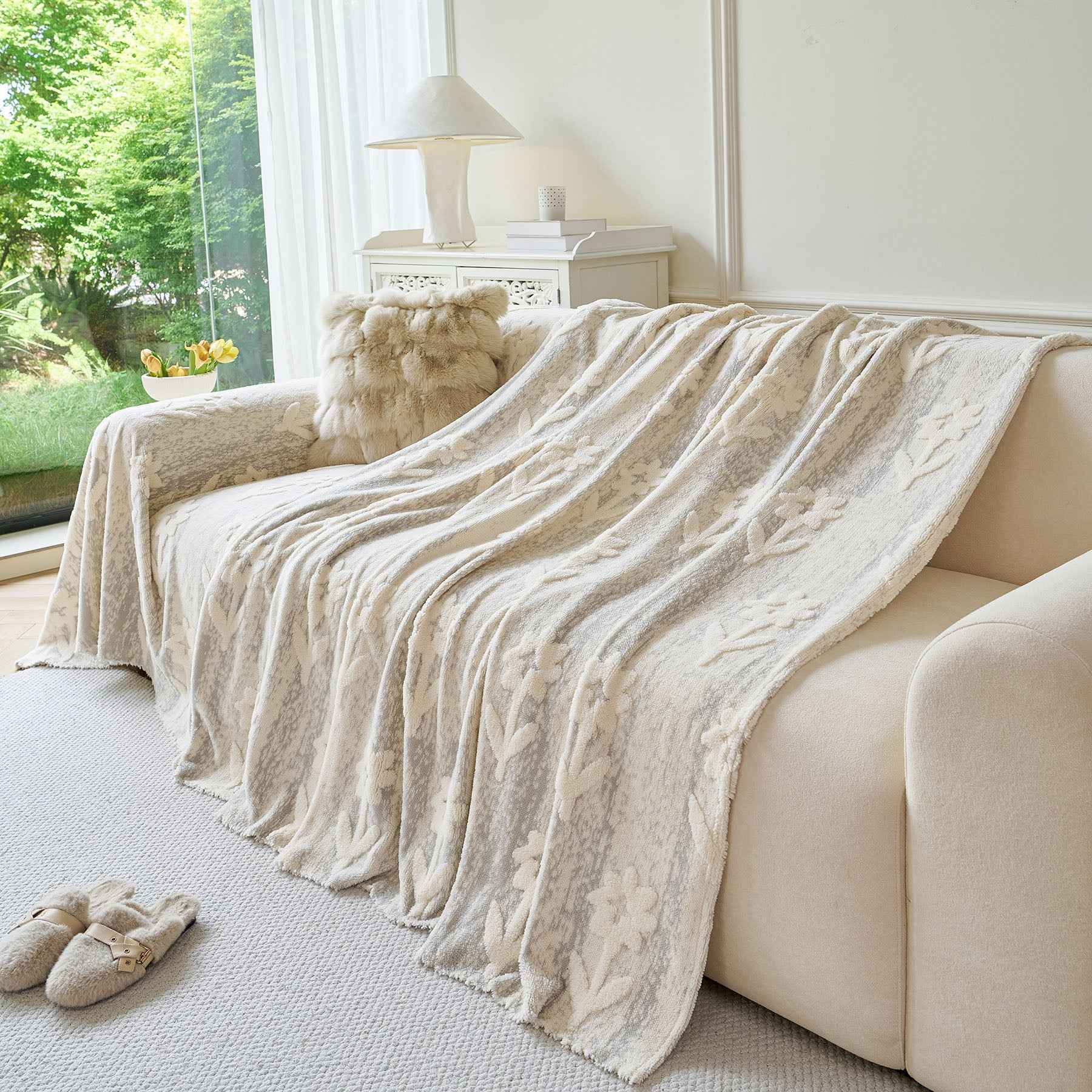 Floral Plush Fleece Sofa Throw Cover, Soft Warm Couch Protector Slip Cover for Couch