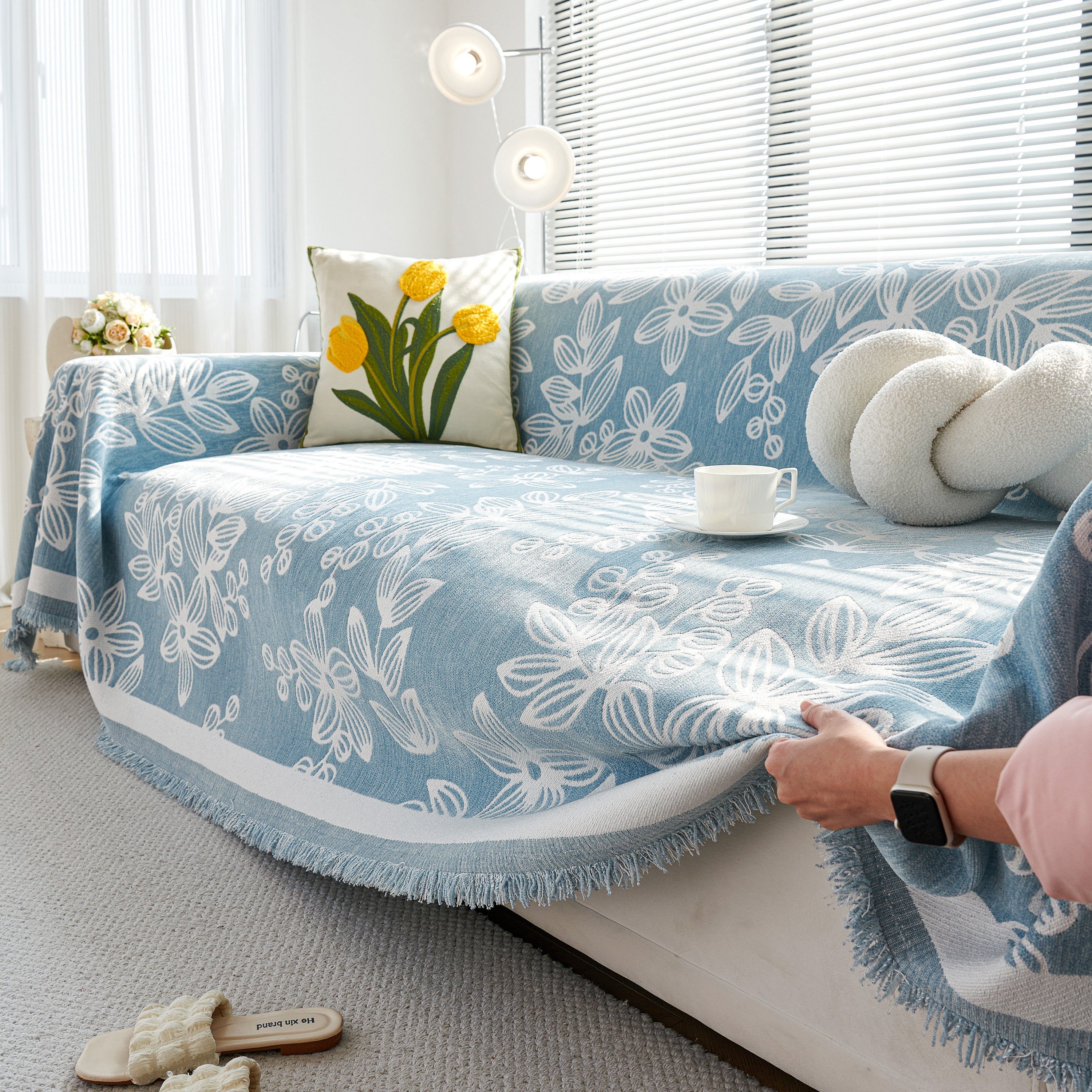 Floral Symphony Couch Throw Cover with Tassel, Chenille Sofa Cover with Leafy Melodies for Sectional