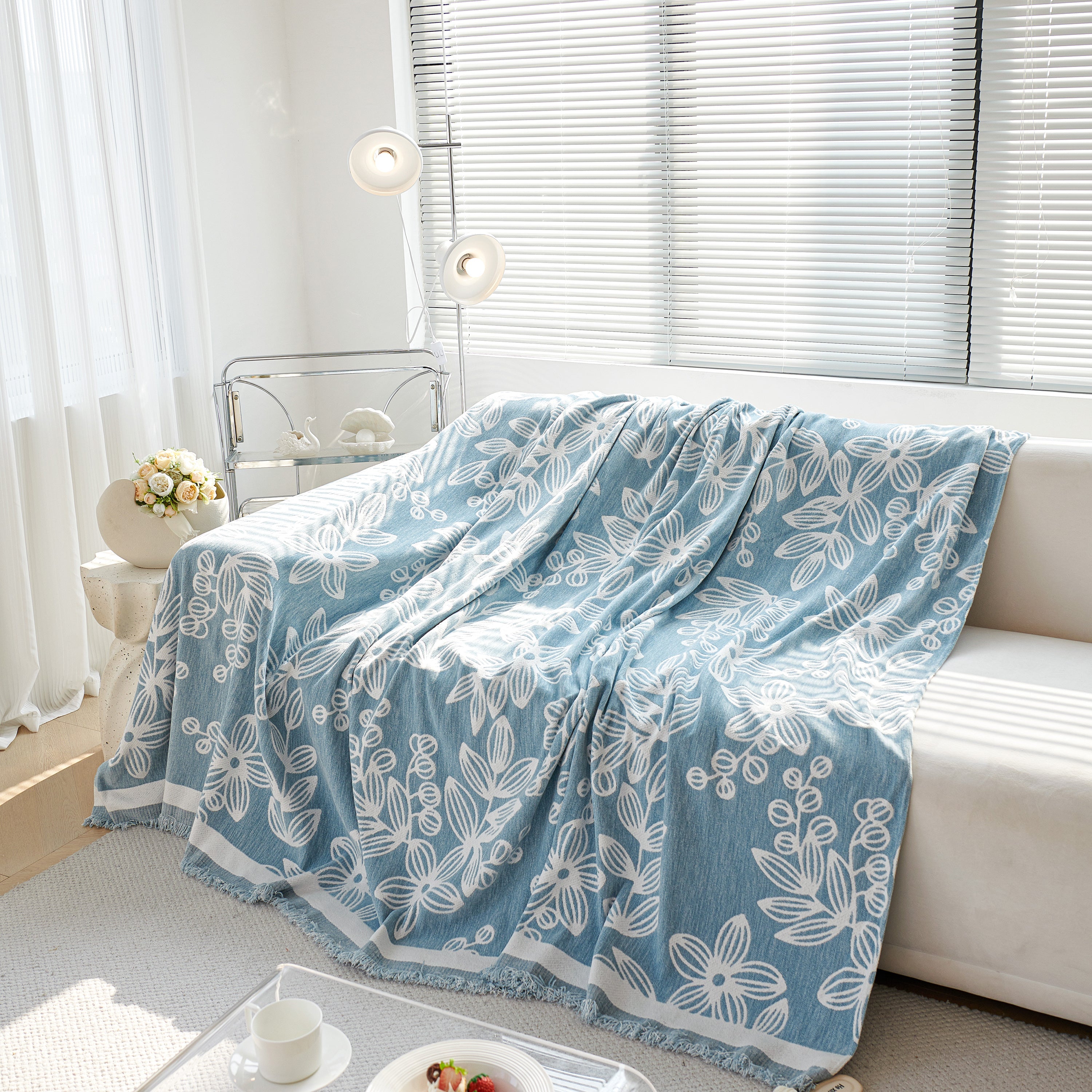 Floral Symphony Couch Throw Cover with Tassel, Chenille Sofa Cover with Leafy Melodies for Sectional