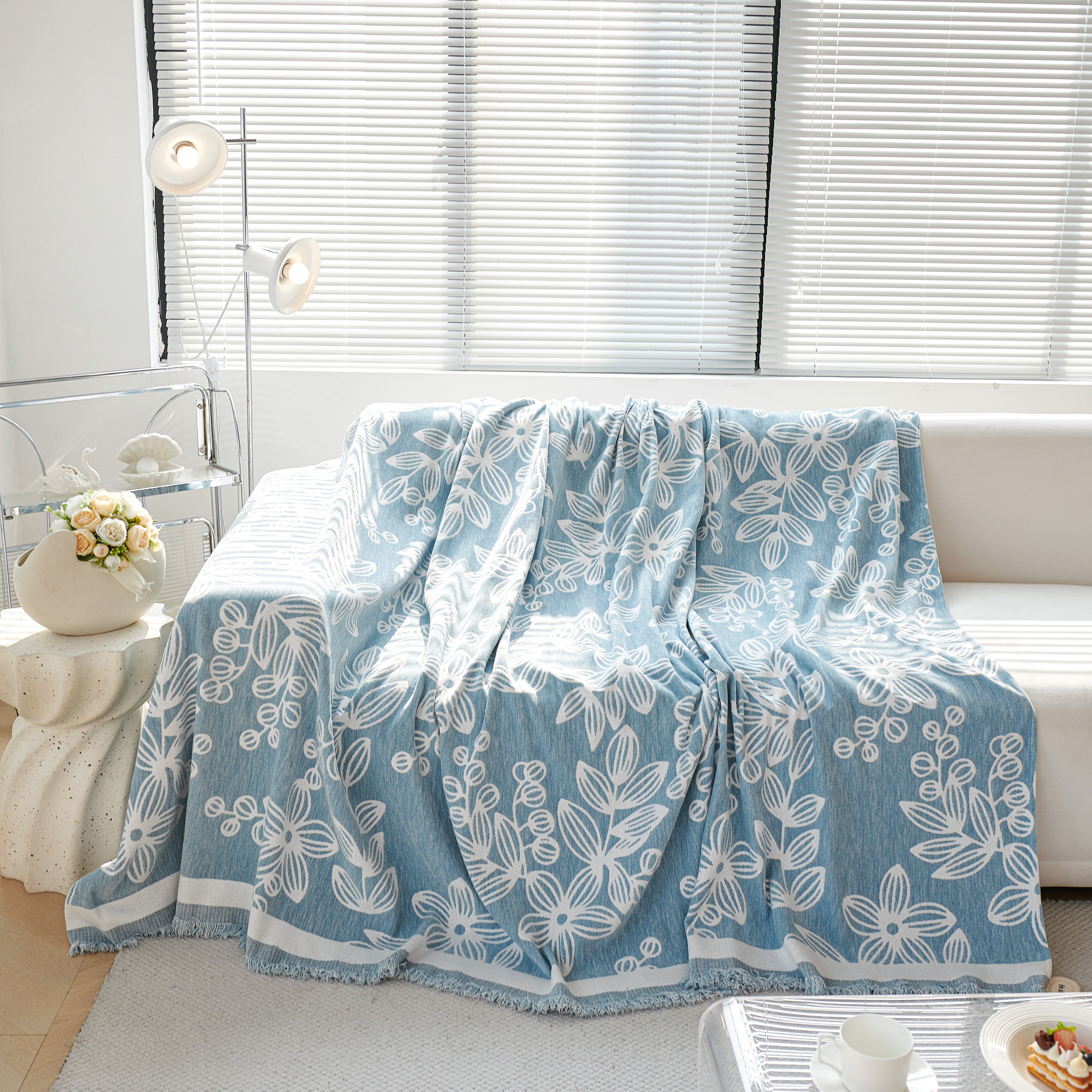 Floral Symphony Couch Throw Cover with Tassel, Chenille Sofa Cover with Leafy Melodies for Sectional