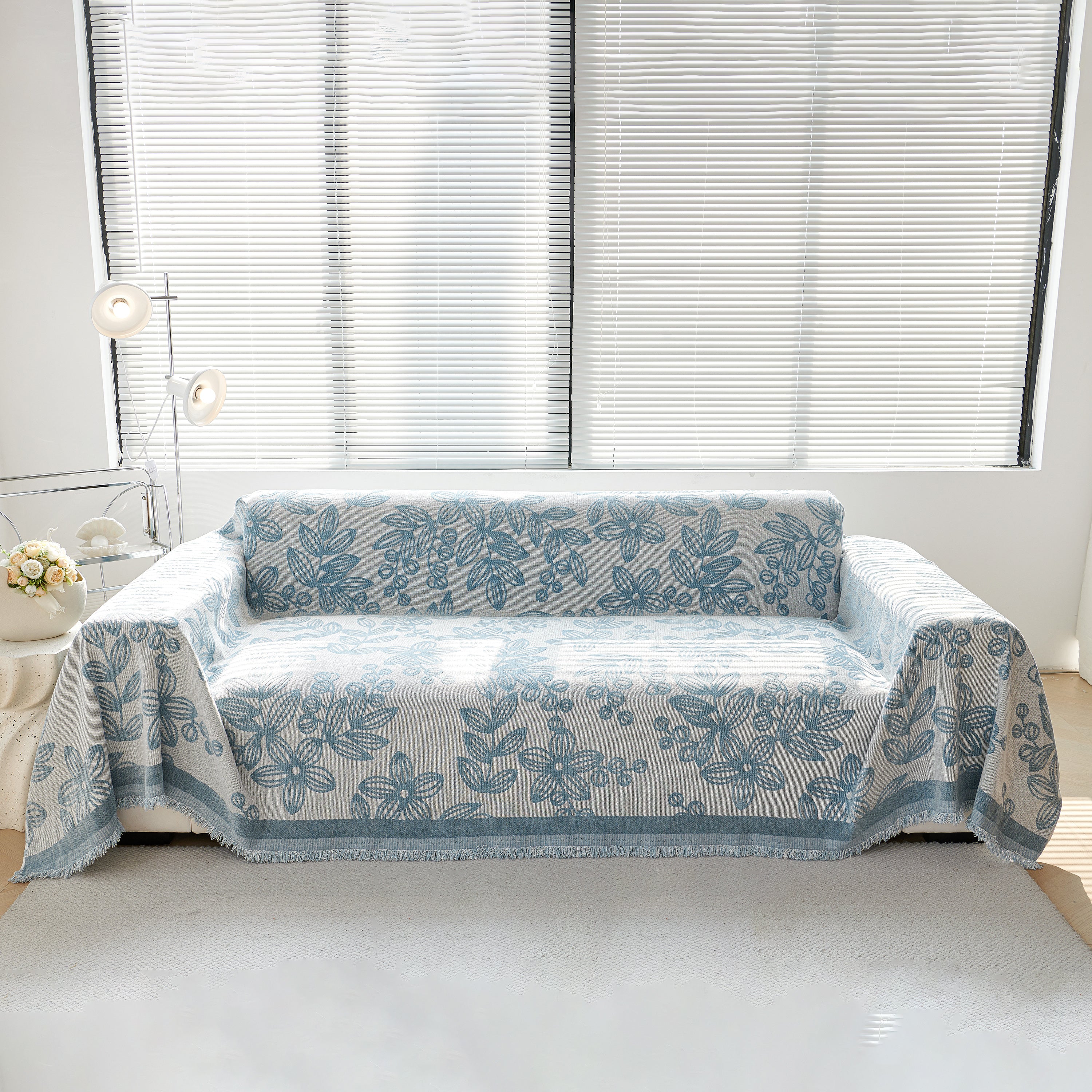 Floral Symphony Couch Throw Cover with Tassel, Chenille Sofa Cover with Leafy Melodies for Sectional