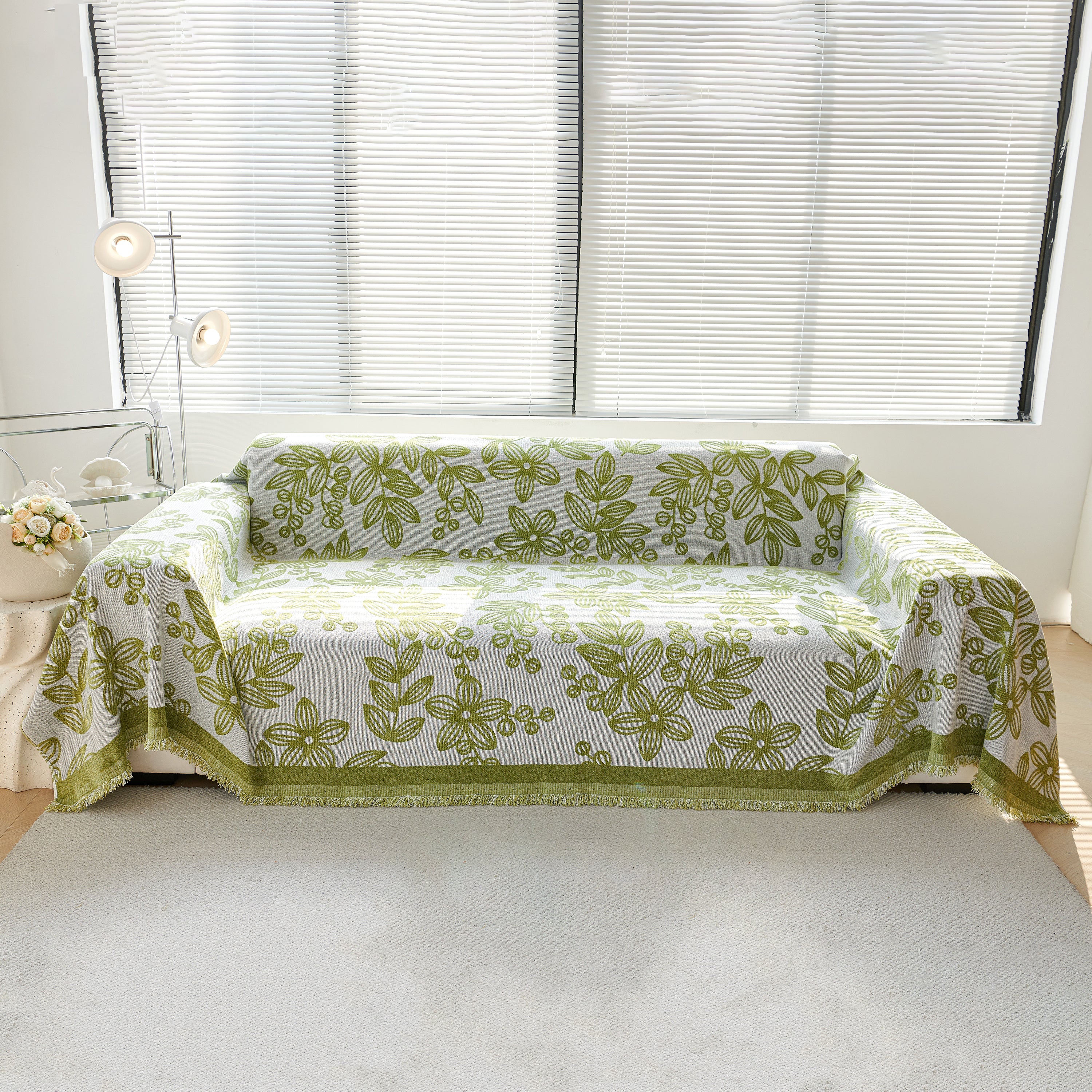 Floral Symphony Couch Throw Cover with Tassel, Chenille Sofa Cover with Leafy Melodies for Sectional