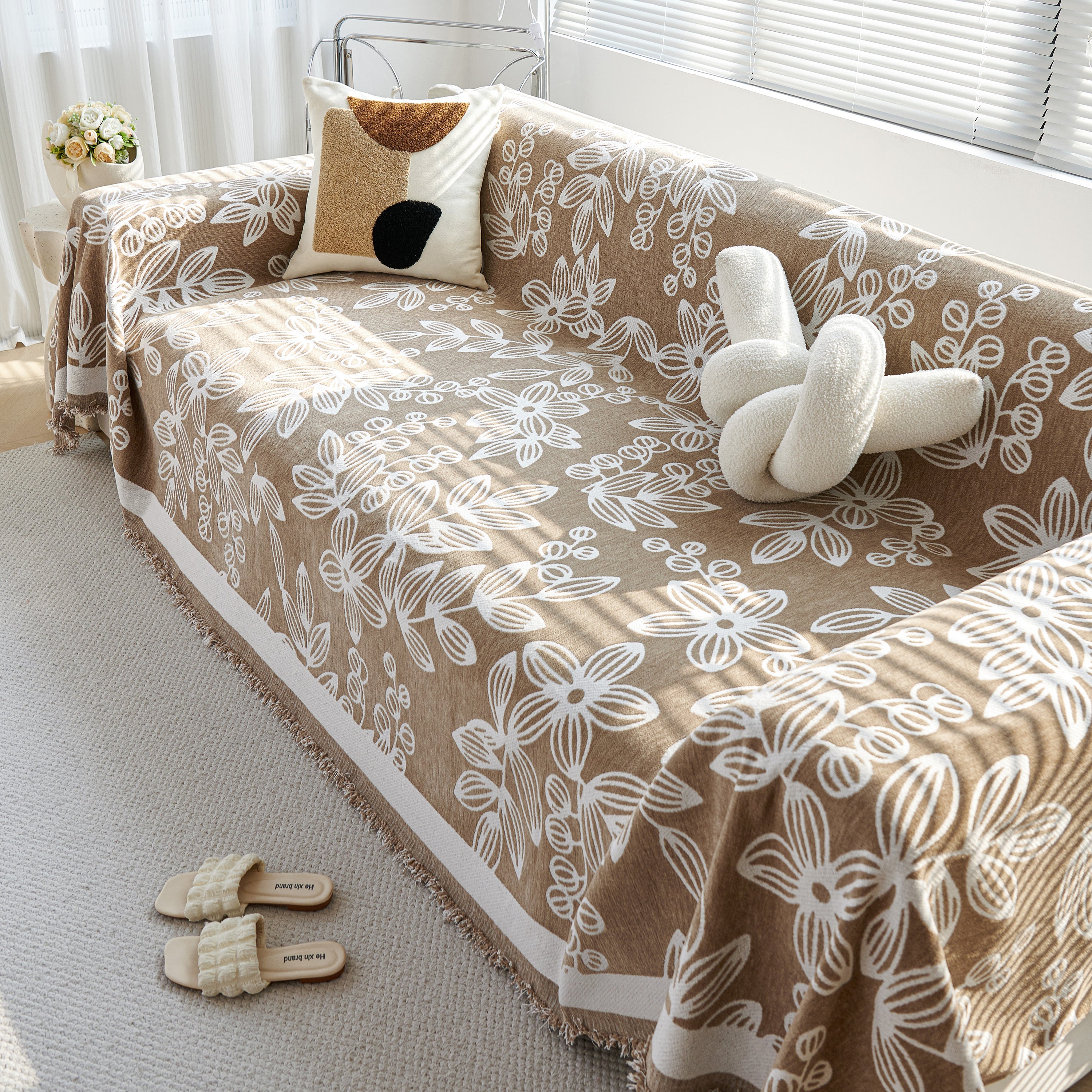Floral Symphony Couch Throw Cover with Tassel, Chenille Sofa Cover with Leafy Melodies for Sectional