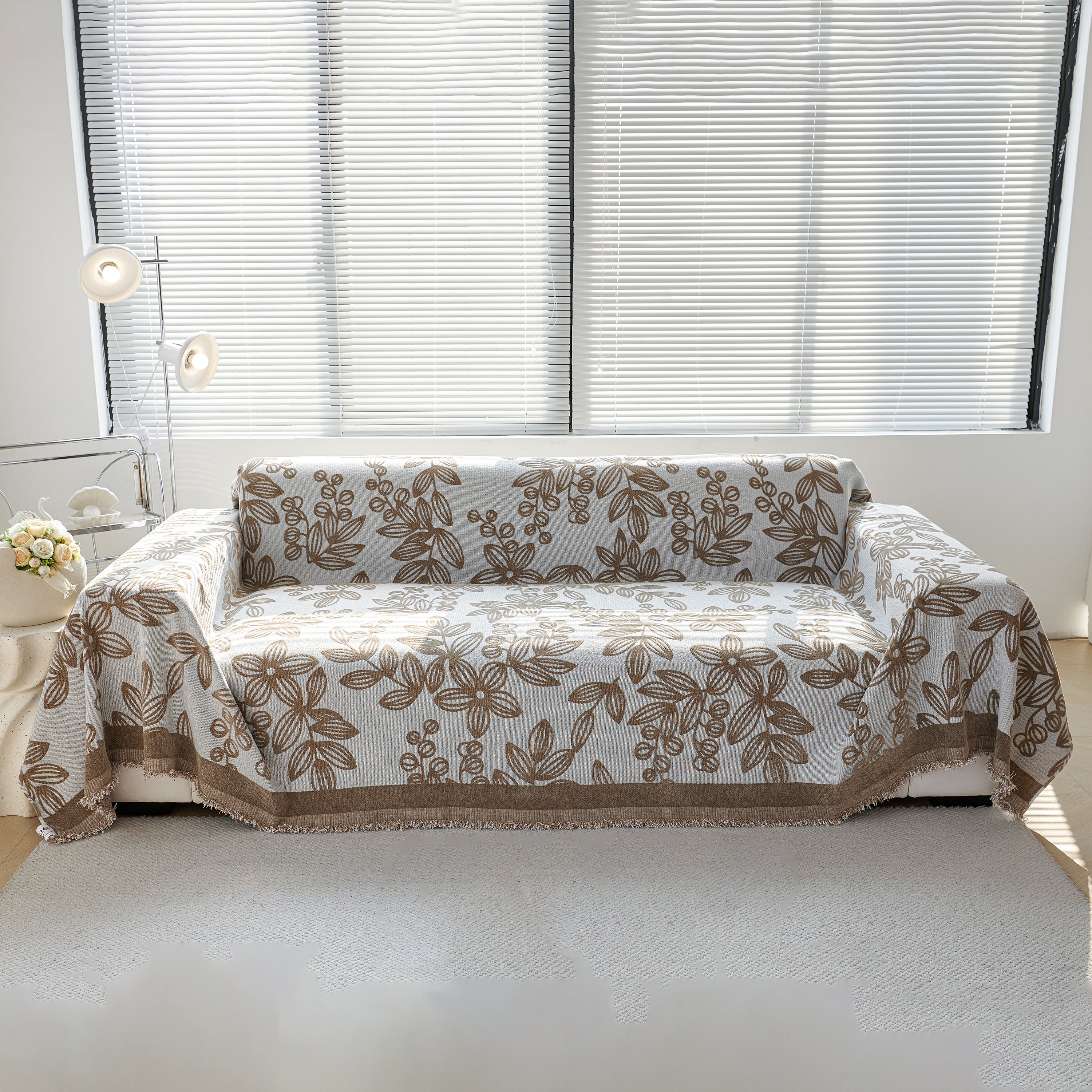 Floral Symphony Couch Throw Cover with Tassel, Chenille Sofa Cover with Leafy Melodies for Sectional