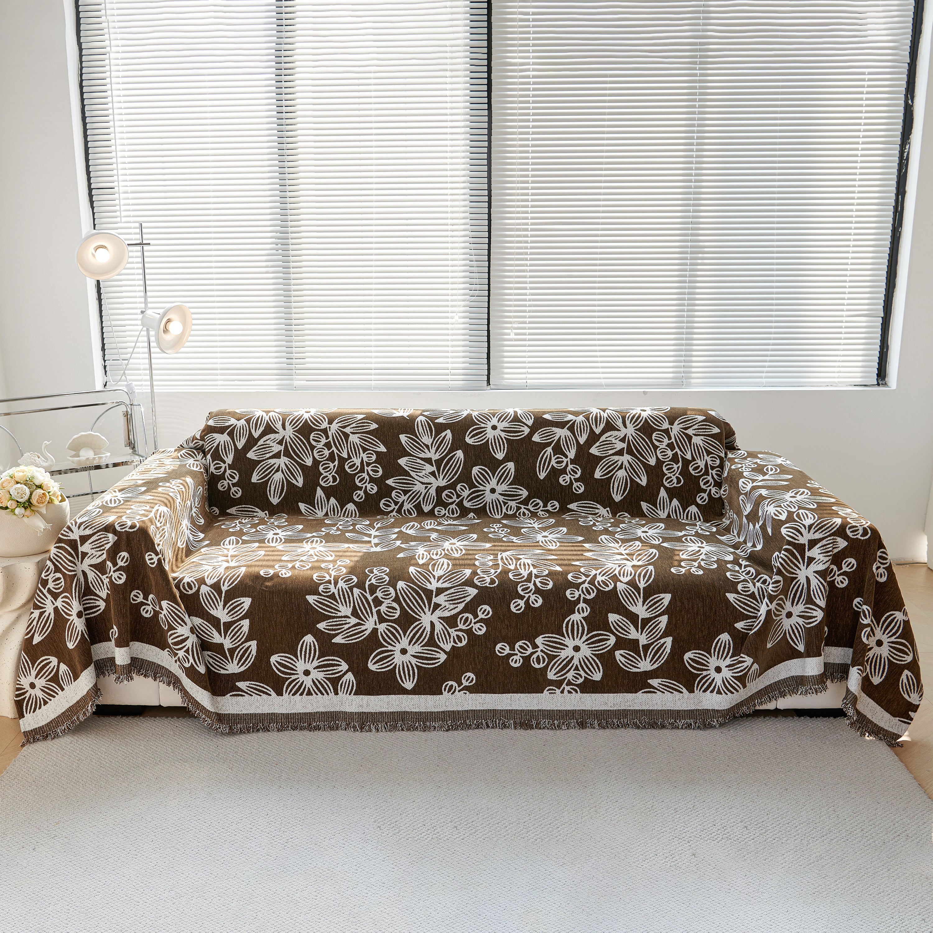Floral Symphony Couch Throw Cover with Tassel, Chenille Sofa Cover with Leafy Melodies for Sectional