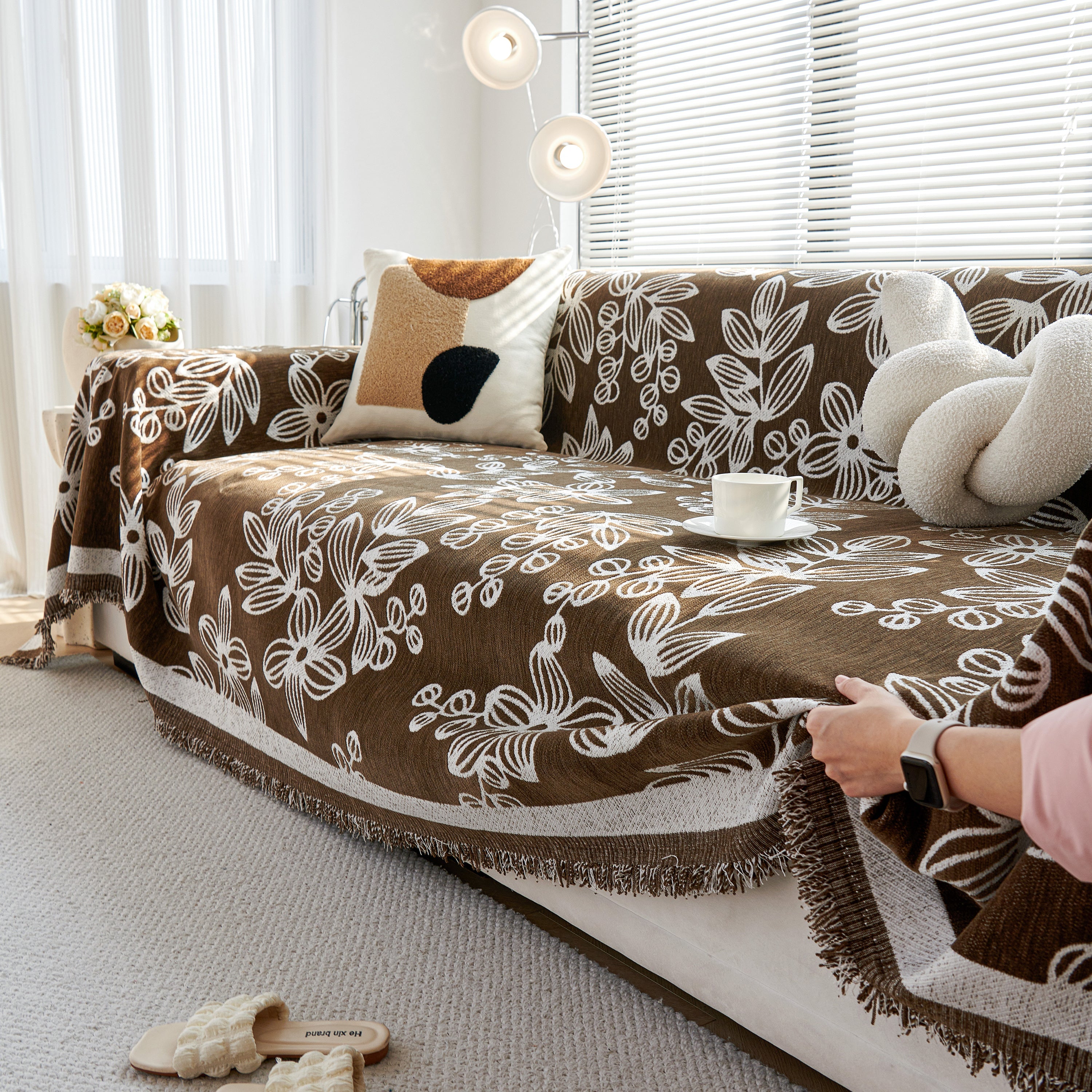Floral Symphony Couch Throw Cover with Tassel, Chenille Sofa Cover with Leafy Melodies for Sectional