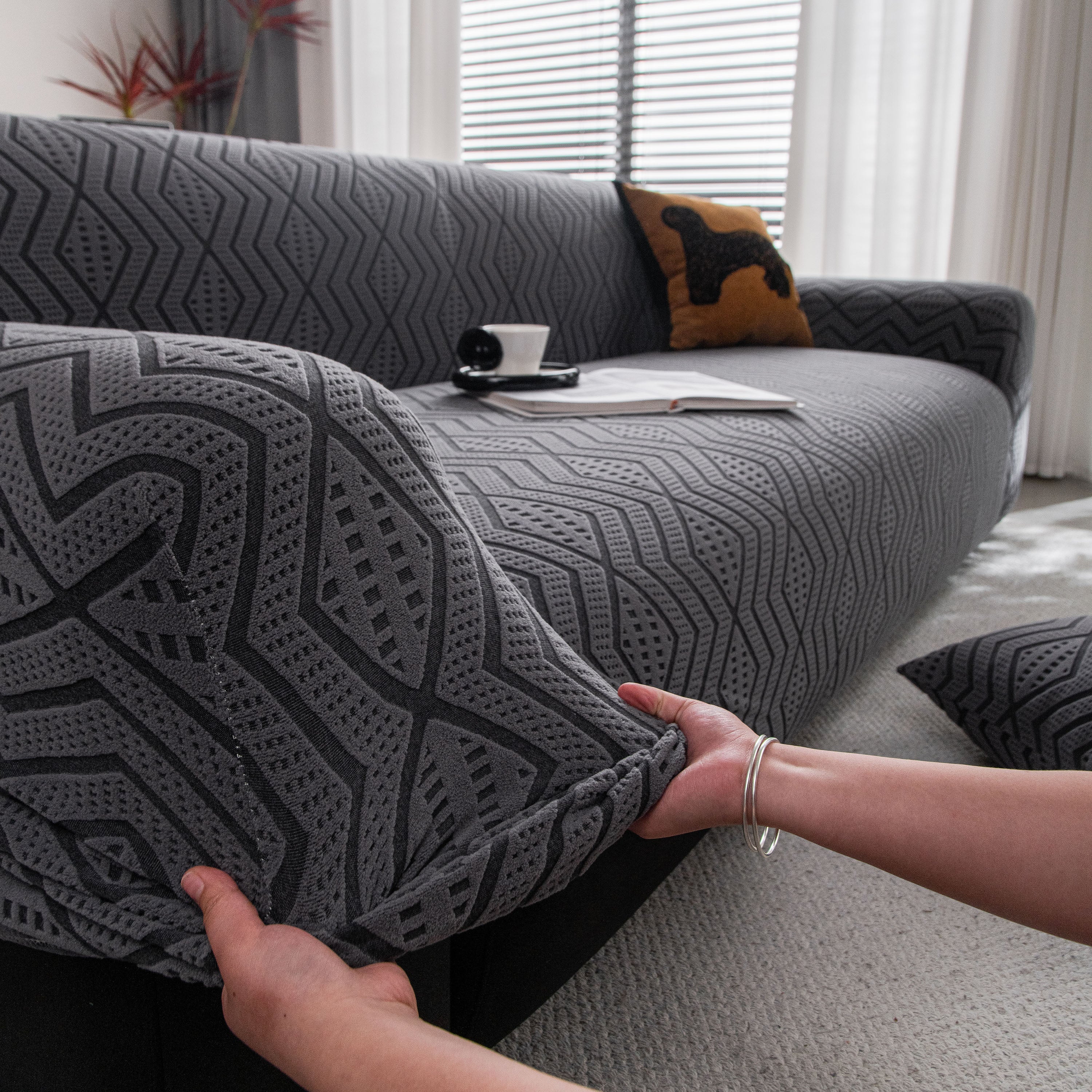 Modern Geometric Jacquard Sofa Slipcover, High Stretch 1-Piece Textured Couch Cover