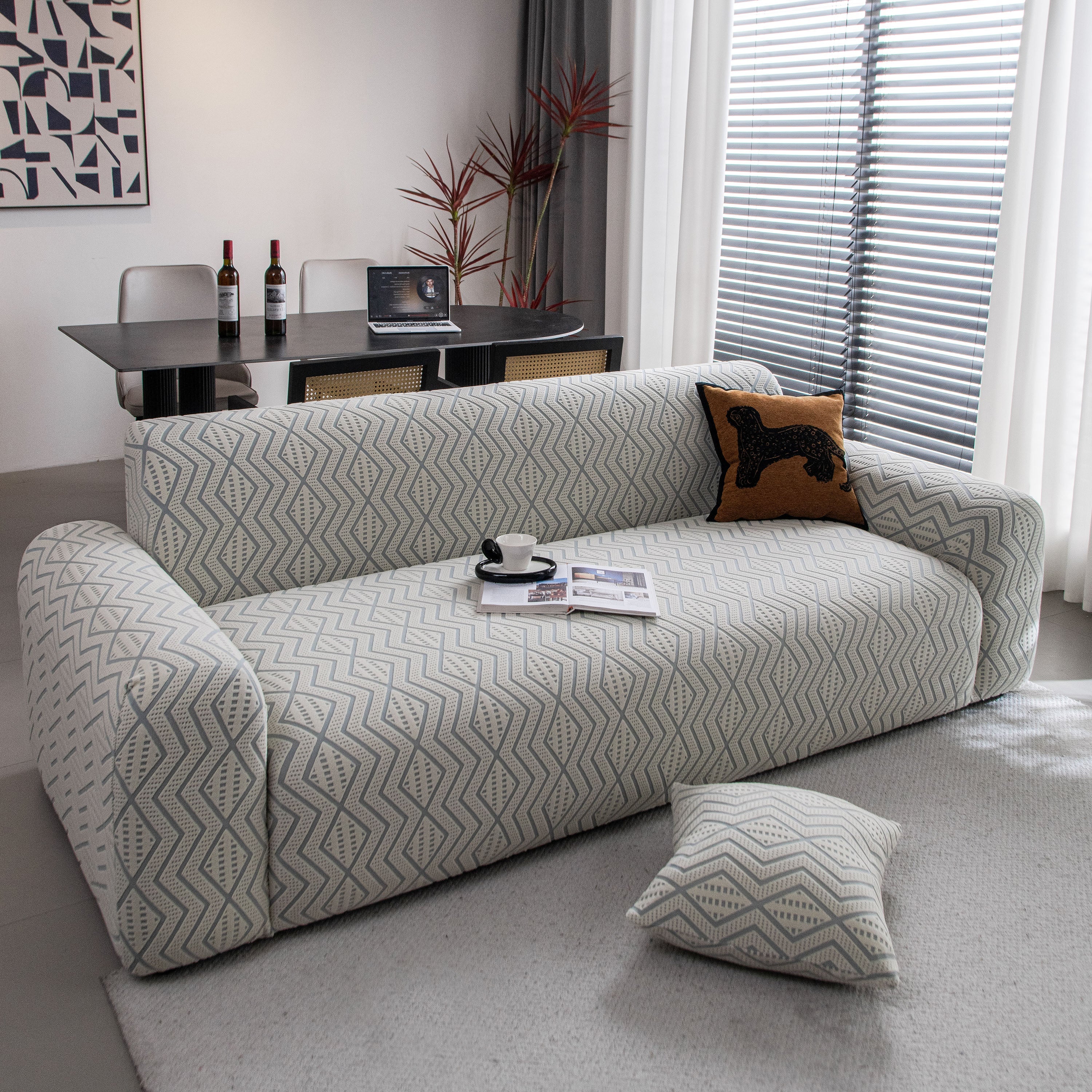Modern Geometric Jacquard Sofa Slipcover, High Stretch 1-Piece Textured Couch Cover