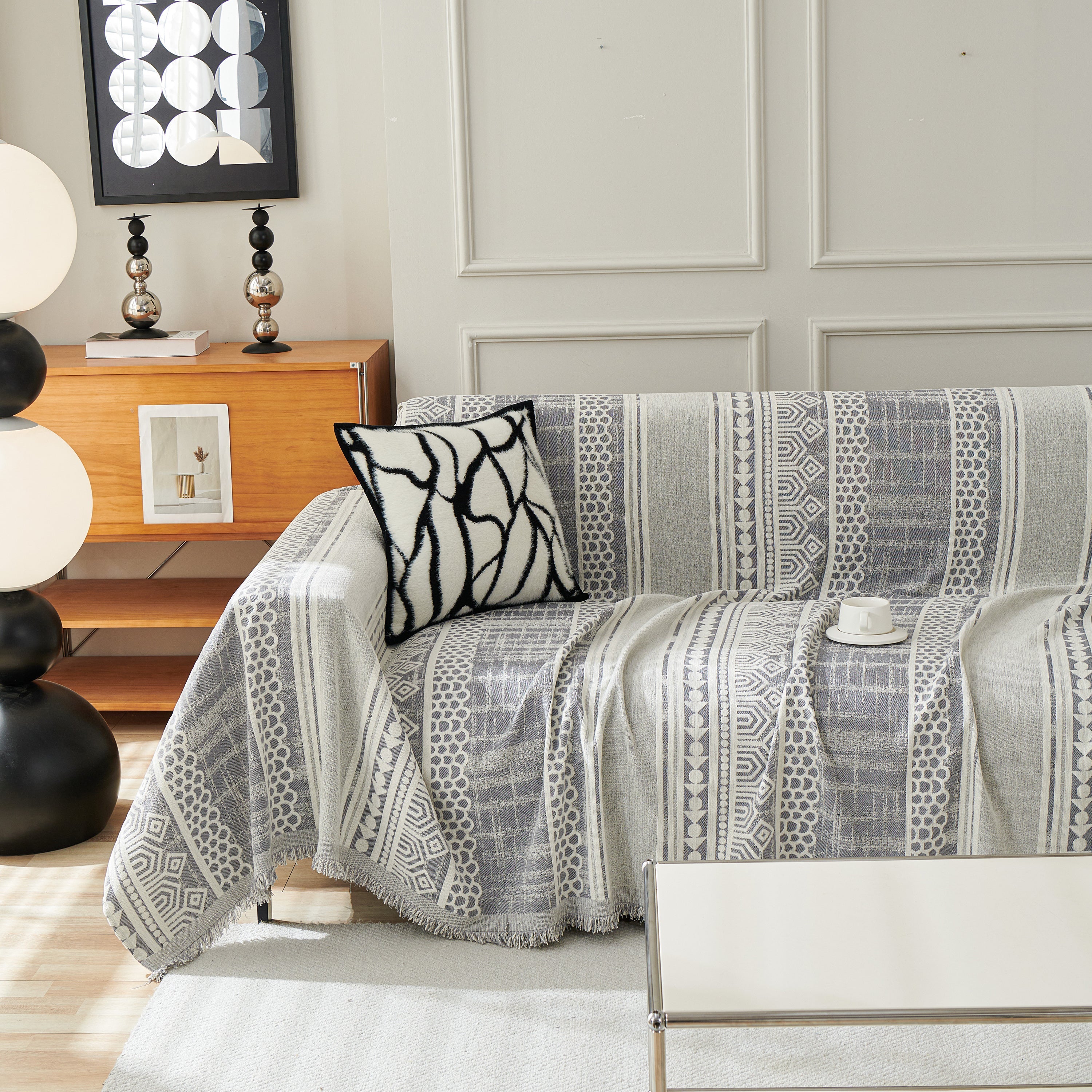 Chenille Sofa Cover Throw Blanket, Boho Geometric Scratch Proof Couch Protector