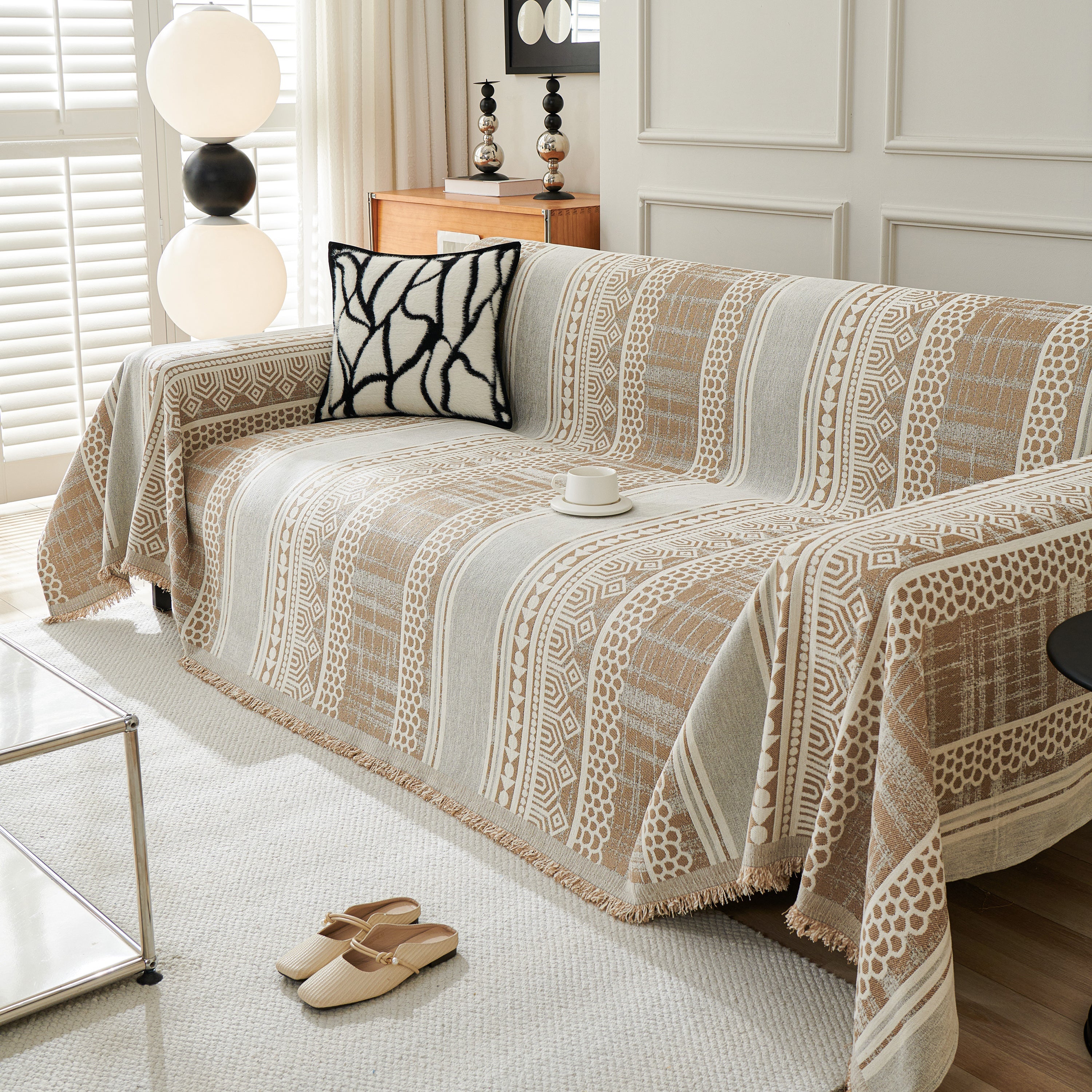 Chenille Sofa Cover Throw Blanket, Boho Geometric Scratch Proof Couch Protector